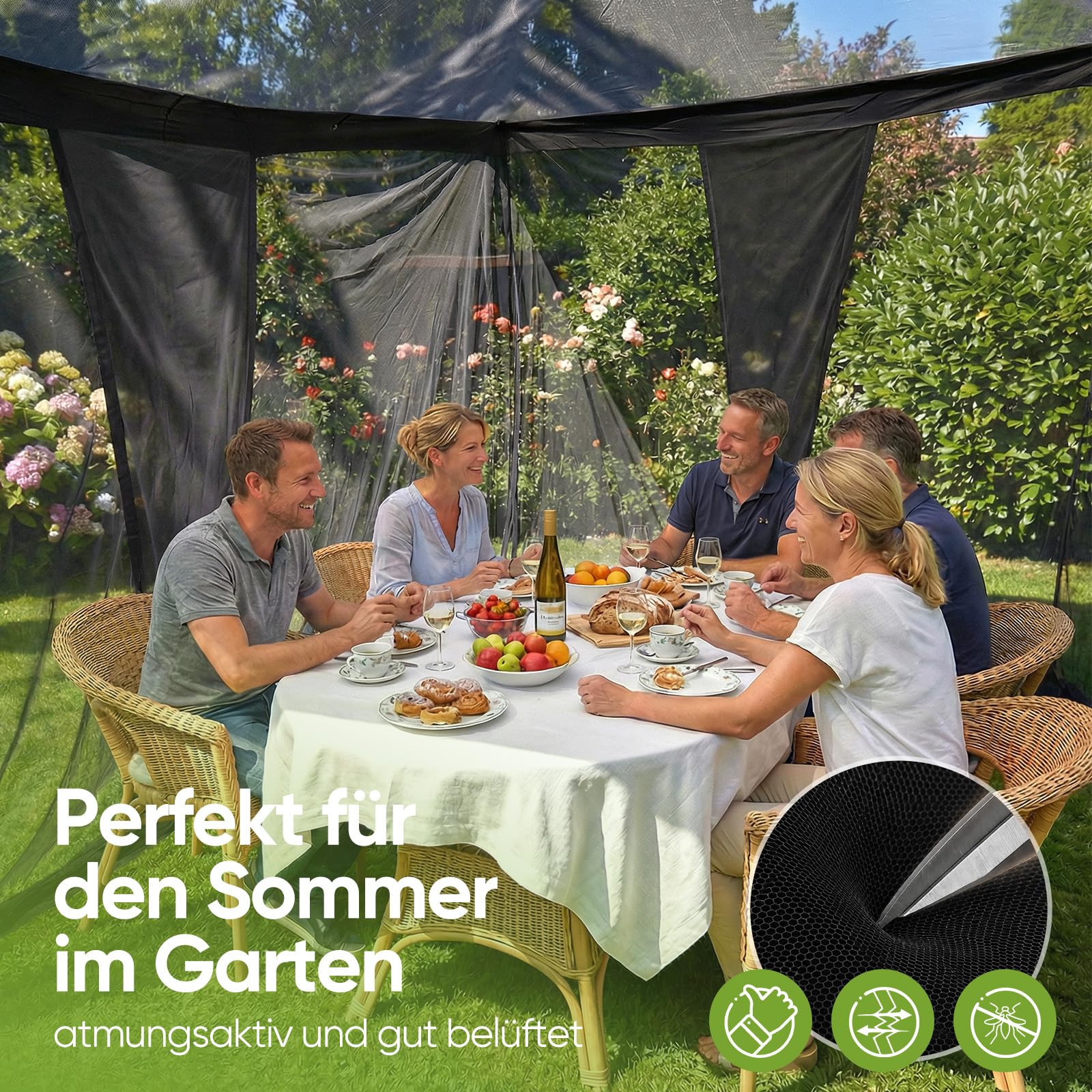 Sekey XXL Moskitonetz mit 16 Sandsäcke und Bodenanker, 4 Eingänge Feinmaschig Mückenschutz, Tragbares Campingzelt 350 × 250 × 250 cm, Outdoor Fliegennetz für Reise Pavillon Garten Terrasse, Schwarz