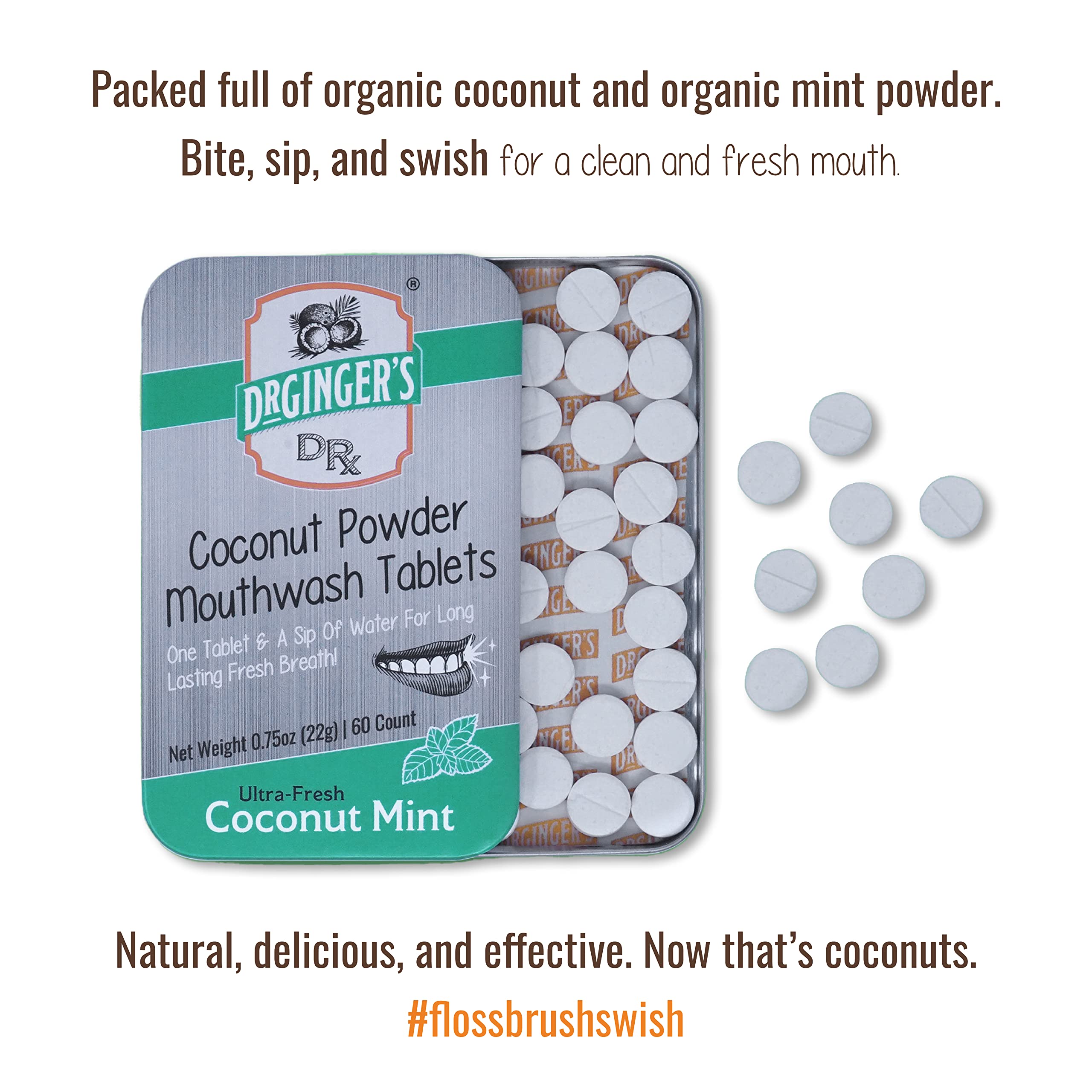 Dr. Ginger's Mouthwash Tablets, All-Natural Travel Mouthwash Tabs for Fresh Breath, Plaque Removal & Gum Protection, Coconut Mint Flavor, Eco-Friendly, Alcohol and Fluoride-Free 0.75oz Tin, 60 Tablets