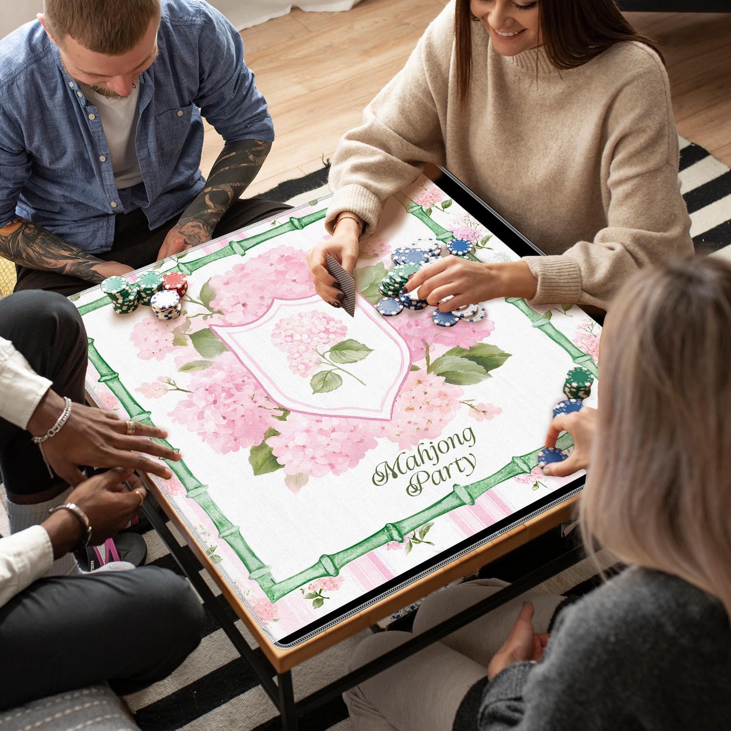 Pink Hydrangea Floral Mahjong Mat 31.5 x 31.5 in, Preppy Girly Pink Floral Hydrangea Anti-Slip Mahjong Table Cover Tablecloth for Poker Board Card Tile Game Dominoes