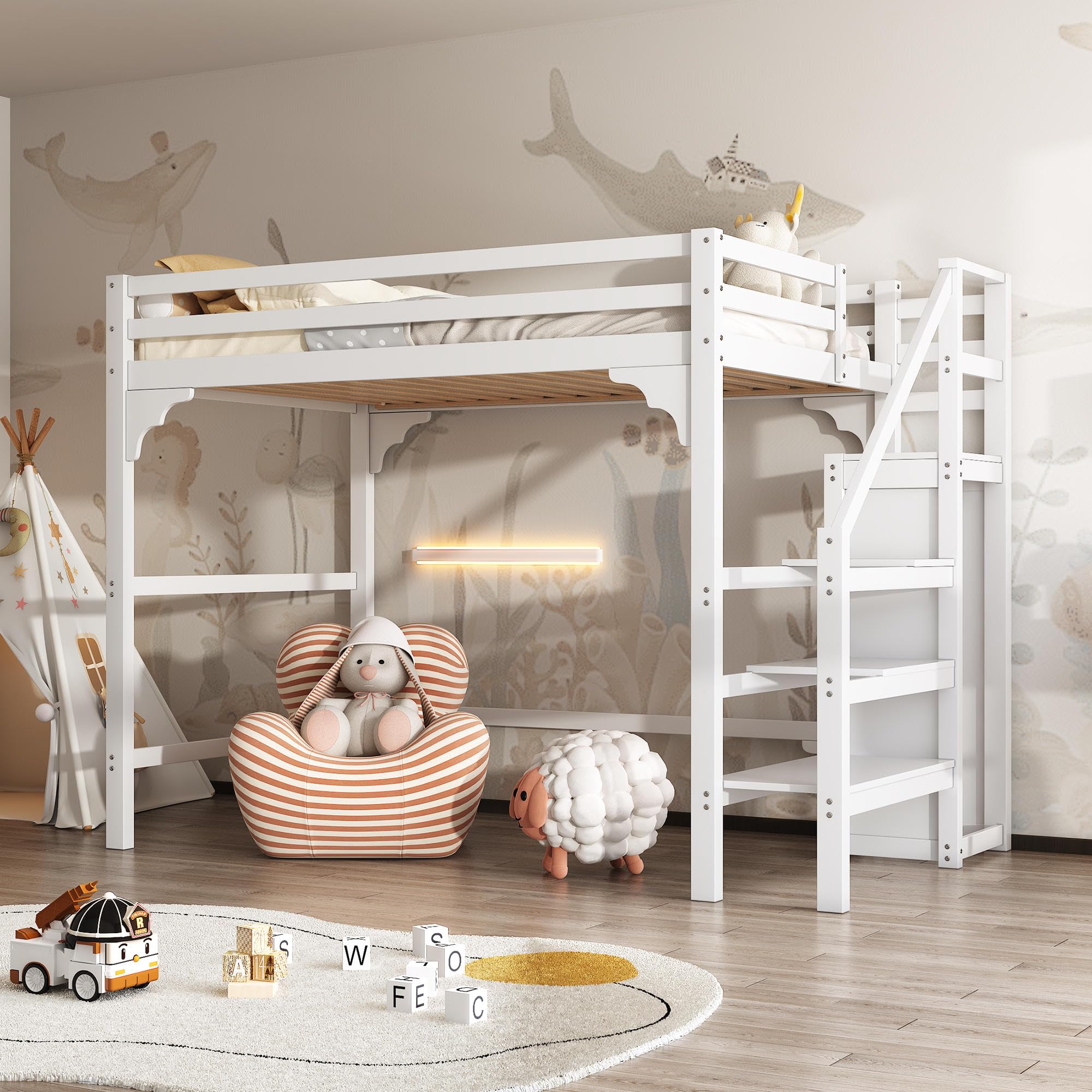 Cama alta de 140x200 con escalera segura contra falta de espacio