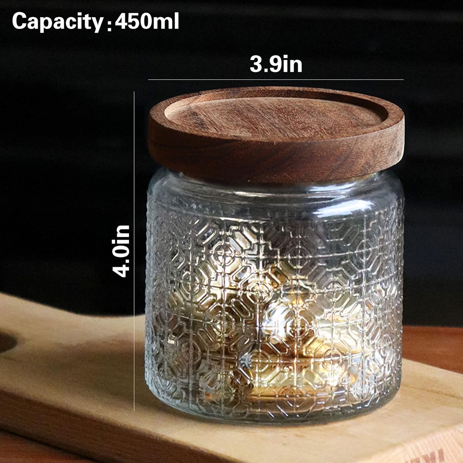 Glass Jar with Lid,4 PCS Airtight Glass Food Storage Container Set,Square Clear Glass Jars Wide Mouth Food Storage Canister with Wooden Lid for Sugar Coffee Beans Tea Spice Oats Snacks (450ML)