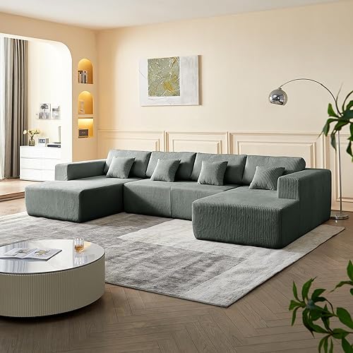 137'' Modular Sectional Couch, Modern U-Shaped Floor Sofa with Double Chaise Lounge, Comfy Corduroy Fabric Couch, Upholstered Corner Free Combination Sofa for Living Room, Apartment, Grey