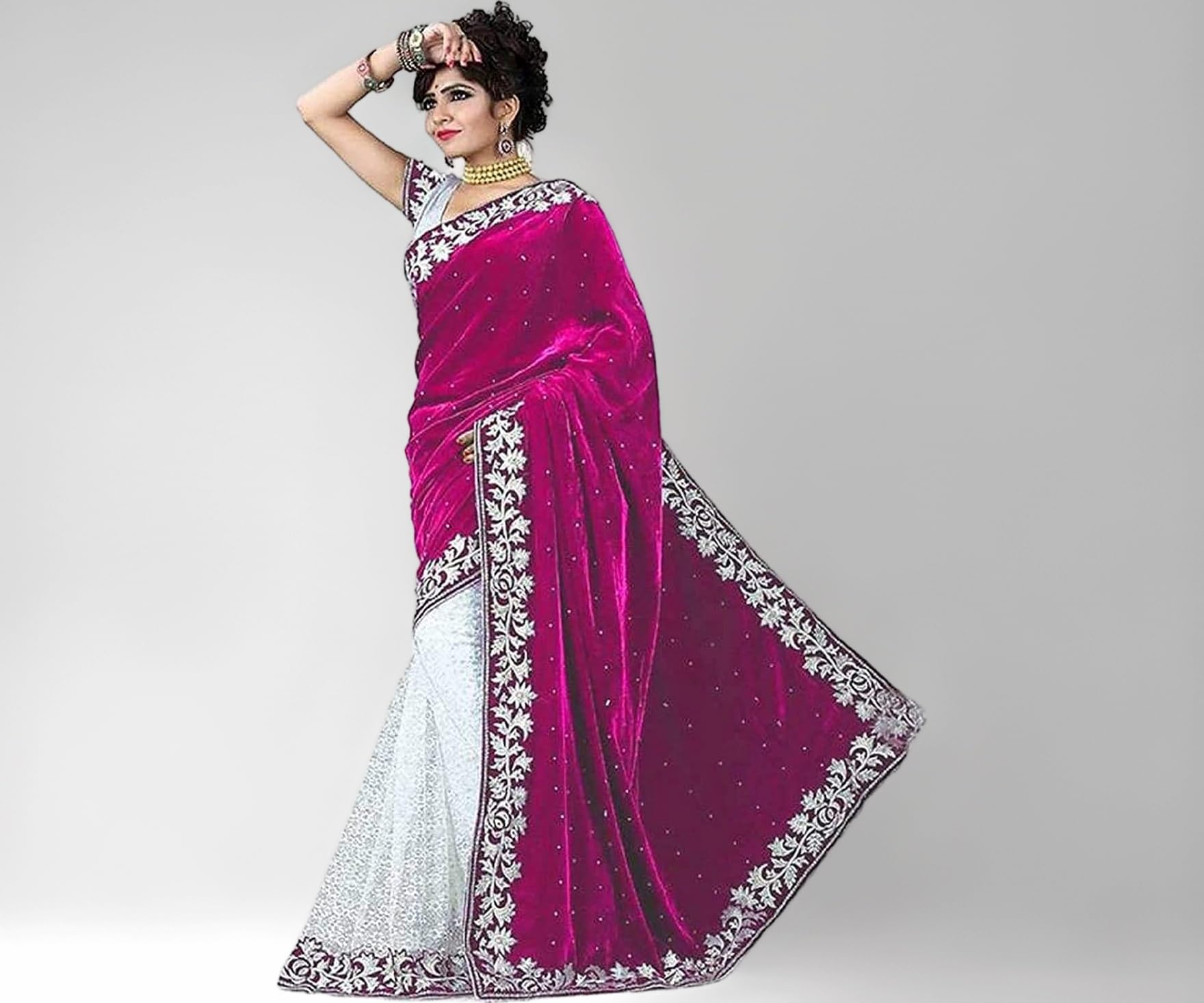 Women's Velvet and Brasso Half-Half Saree with Blouse Piece