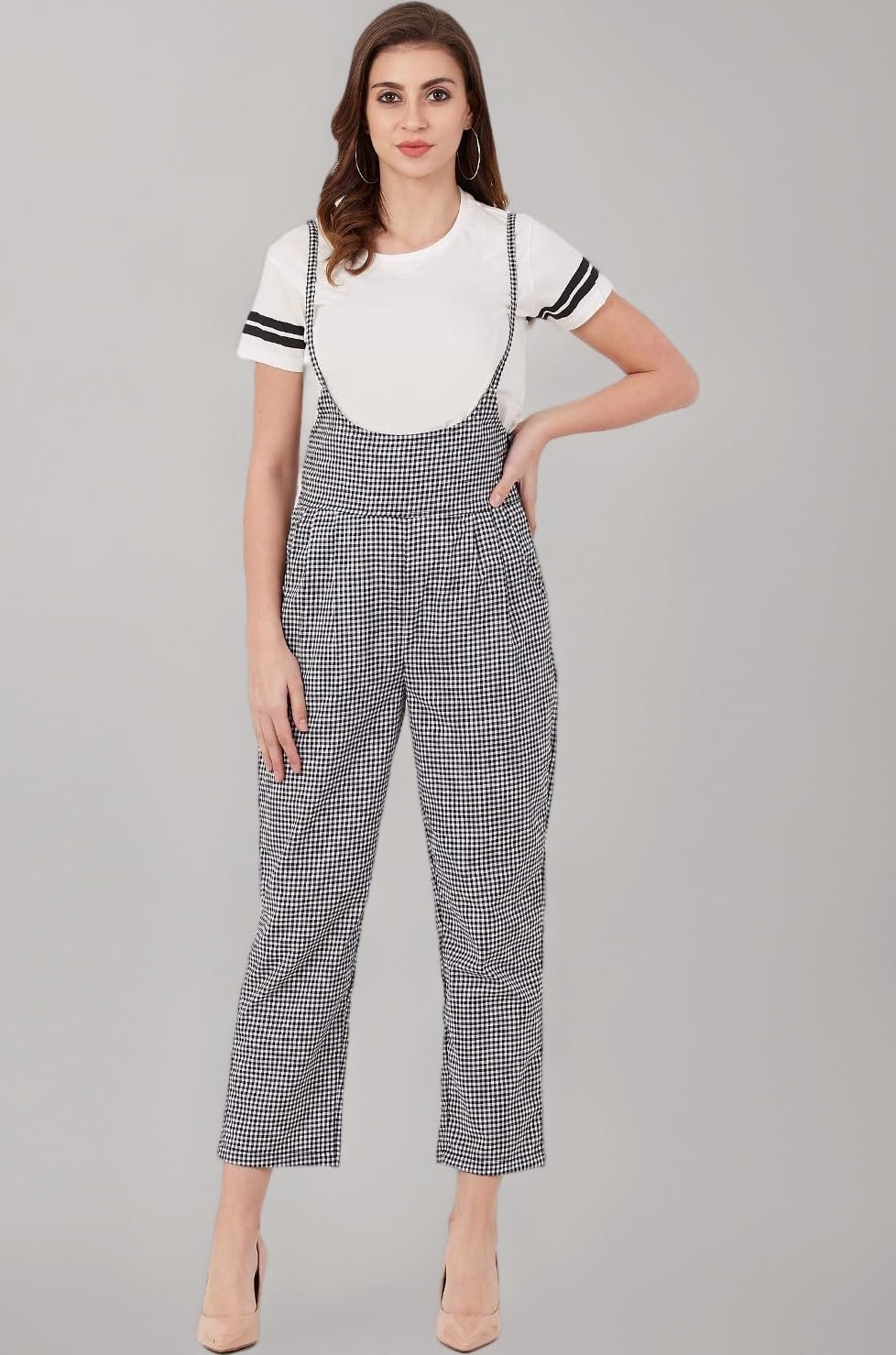 Women's Checkered Cotton Pinafore Trouser Dungarees Jumpsuit (Waist 28 To 36 Inches)
