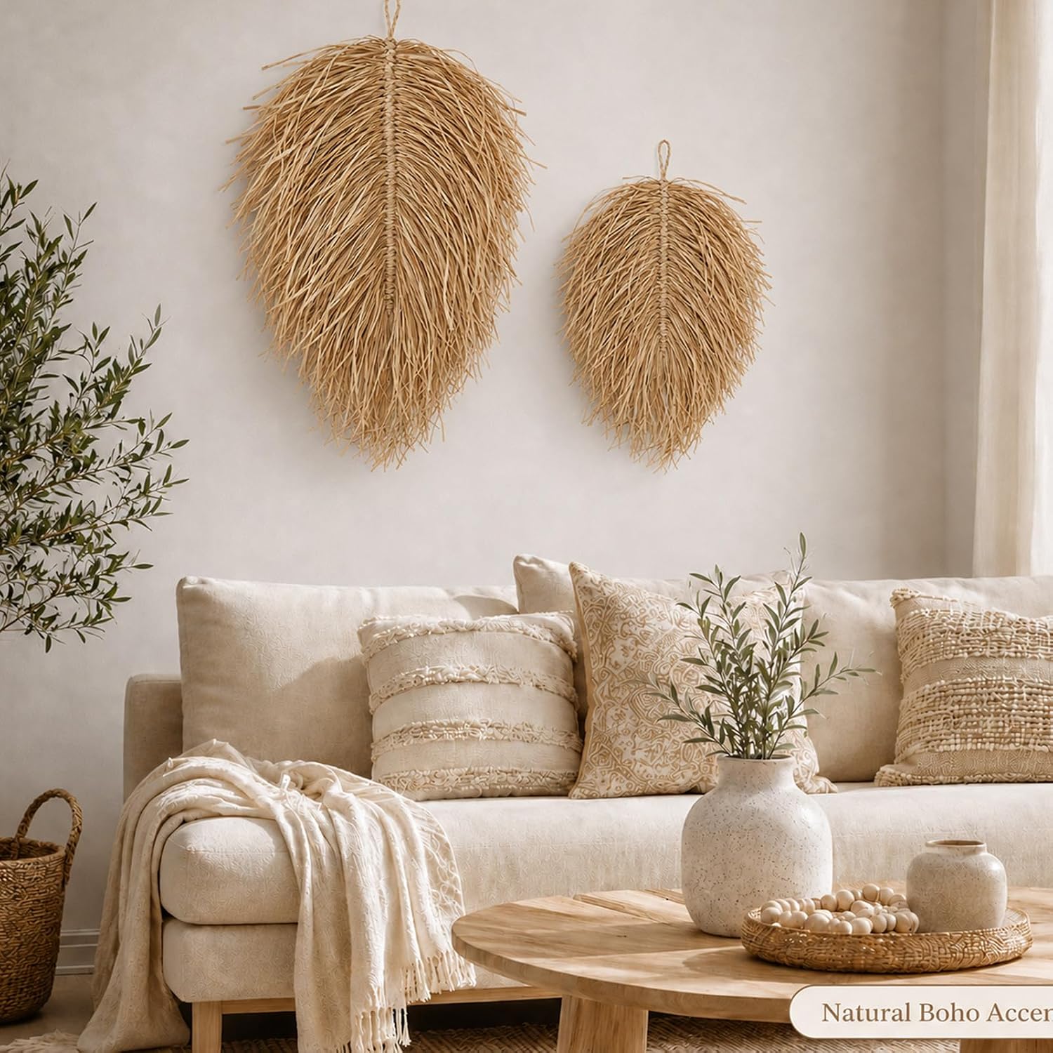 2 Pcs Boho Wall Hanging Decor, Boho Wall Basket Decor Style Woven Leaf Natural Raffia Palm Leaf for Bedroom Living Room Nursery Bathroom Farmhouse Home Art Decorations