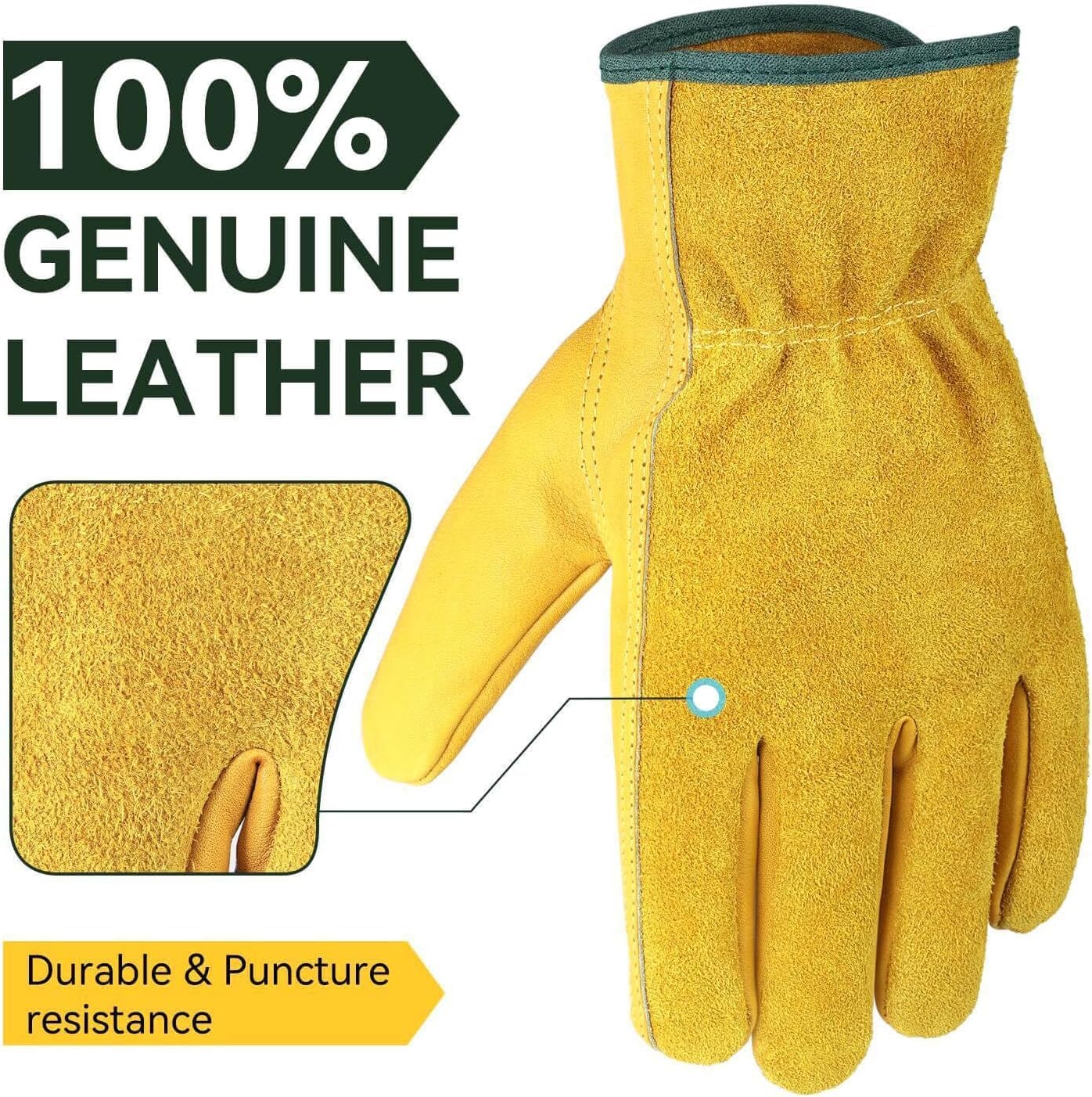 OZERO Leather Work Gloves for Men & Women, 3 Pairs Genuine Cowhide Garden Gloves, Lab Tested EN388 2143X, Flexible Grip, Breathable Unlined Comfort, Elastic Wrist (Gold, Large)