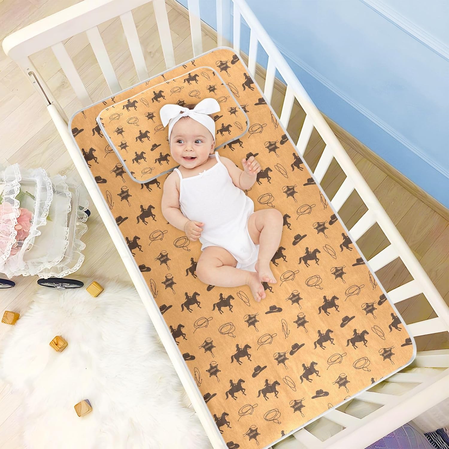 Baby Cooling Mat Cowboy Silhouette Ice Silk Breathable Mesh Summer Crib Mattress Pad with Pillowcase, Soft Cooling Sleeping Surface for Infant & Toddler, 52"x28"