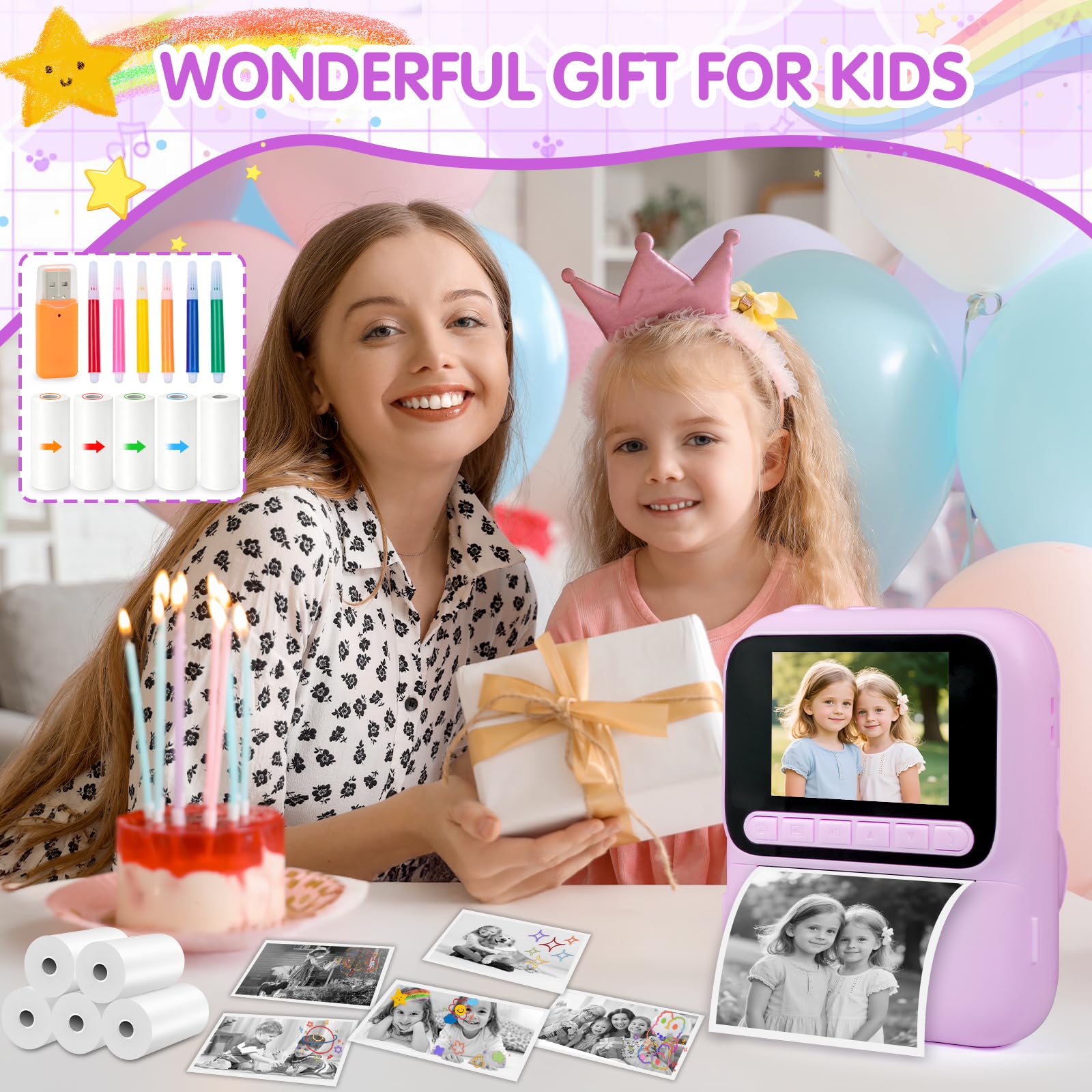 Appareil Photo Instantané, 2.4" Écran Appareil Photo Enfant avec Papier d'impression et Carte 32GB, 1080P Appareil Photo Numérique Enfant, Cadeau Jouet pour Enfant Garçons Filles de 3-14 Ans