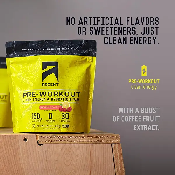 Ascent Pre Workout Powder - Preworkout for Men & Women with No Artificial Ingredients or Flavors - Clean Energy with 150g Caffeine & 250g Electrolytes - Raspberry Lemonade, 30 Servings 7