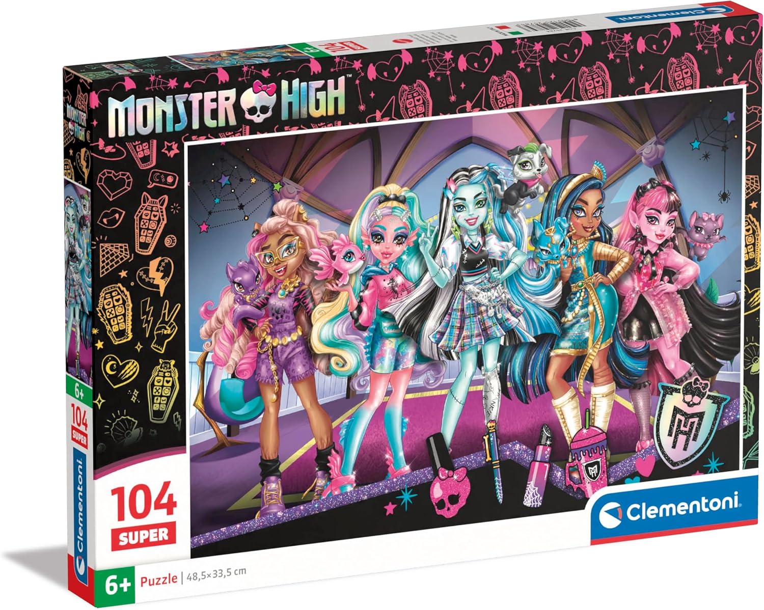 Clementoni - Monster High Supercolor High-104 Pieces, Children 6 Years, Develops Observation Skills, Logic and Manuality, Cartoon Puzzles, Made in Italy, 25784, Multicolour