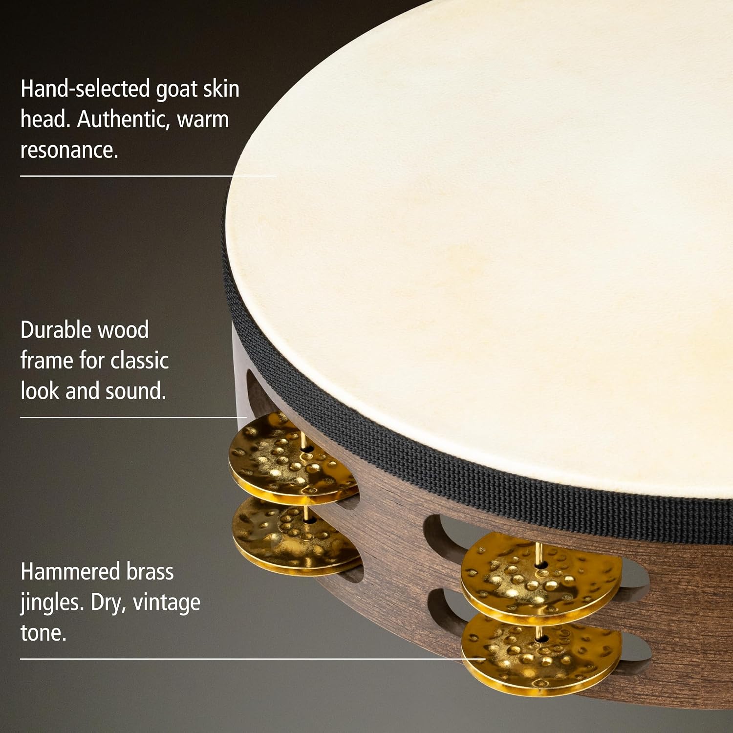Meinl Percussion TAH2V-WB 10-Inch Vintage Wood Tambourine with Goat Skin Head and Hammered Brass Jingles, 2 Row