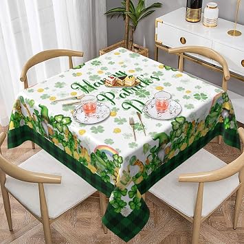 Happy St. Patricks Day Tablecloth 54x54 Inch Square Green Shamrock Gnome Table Cloth Spring Irish Dust-Proof Spill Proof Rustic Table Covers for Farmhouse Holiday Party Dining Kitchen Tabletop Decor