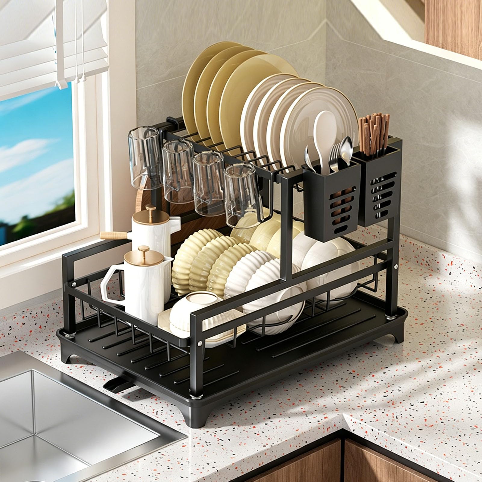 Tbatm Black 2 Tier Dish Drying Rack For Kitchen With Drip Tray, Sink Drainer With Drainage Spout, Dish Drying With Cups, Utensil & Cutting Board Holders For Kitchen Counter Space-Saving,