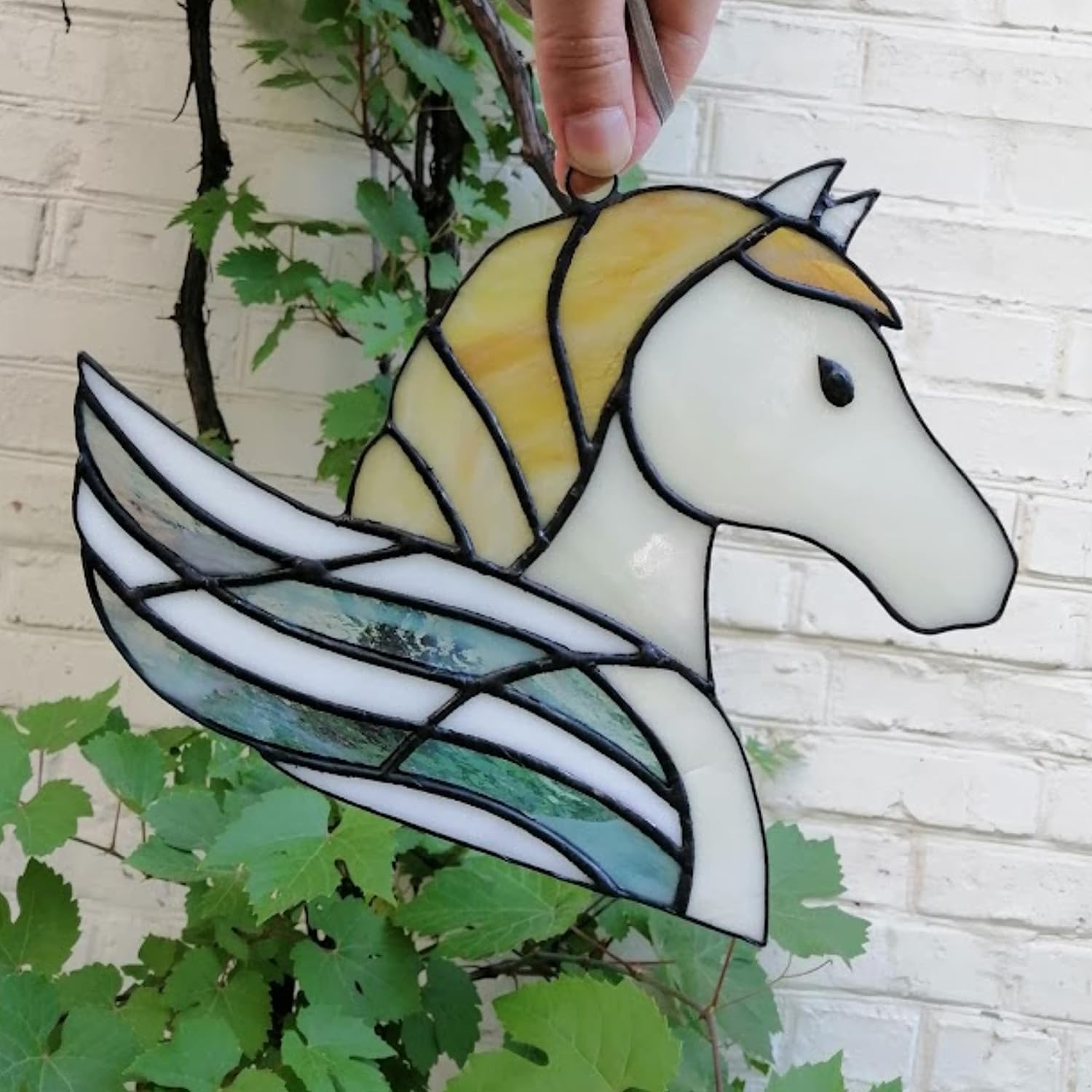 Pegasus Stained Glass Suncatcher Window Hanging or Wall Decor, Unique Winged Horse Decoration Home Office Dorm, Handcrafted Mythical Creature Ornament, Decorative Handmade Mystic Animal Art Panel