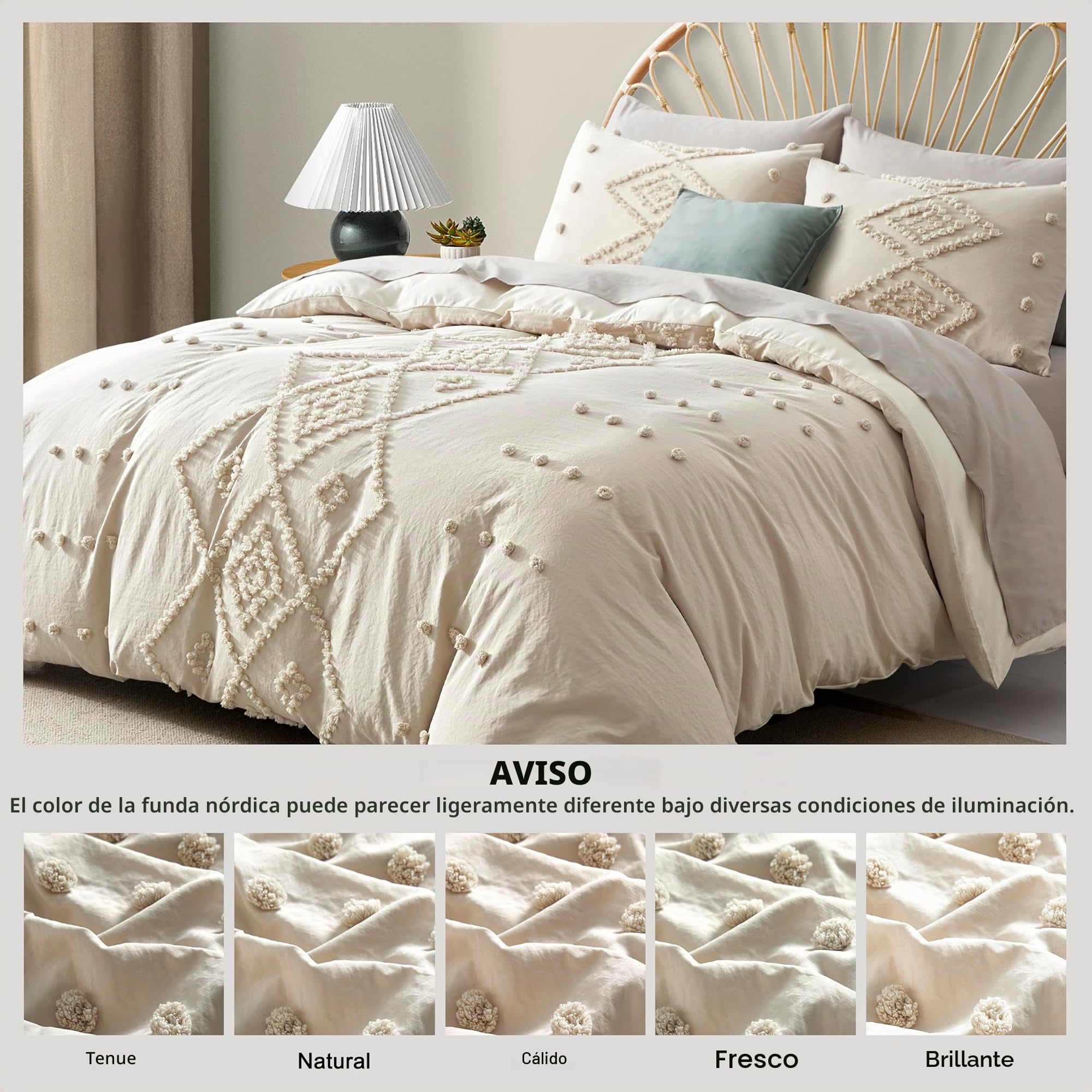 OLI Anderson Juego de Funda de edredón copetuda tamaño King, Suave y Ligero para Todas Las Estaciones, Juego de Ropa de Cama de 3 Piezas con Bordado Bohemio Shabby Chic (Beige, King, 104 x 90