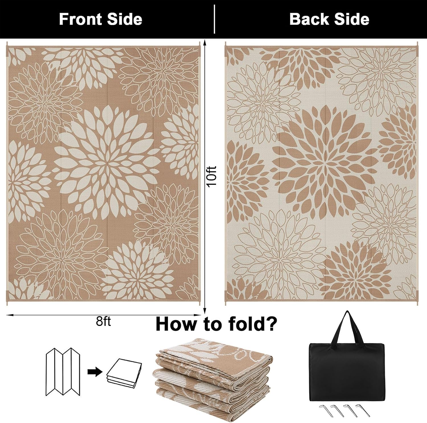 ileading waterproof outdoor rug 8x10, reversible plastic straw patio rug, portable indoor outdoor rv camping mat carpet for deck, porch, balcony, backyard, picnic, floral brown brown-flower 8' x 10' (rectangular)