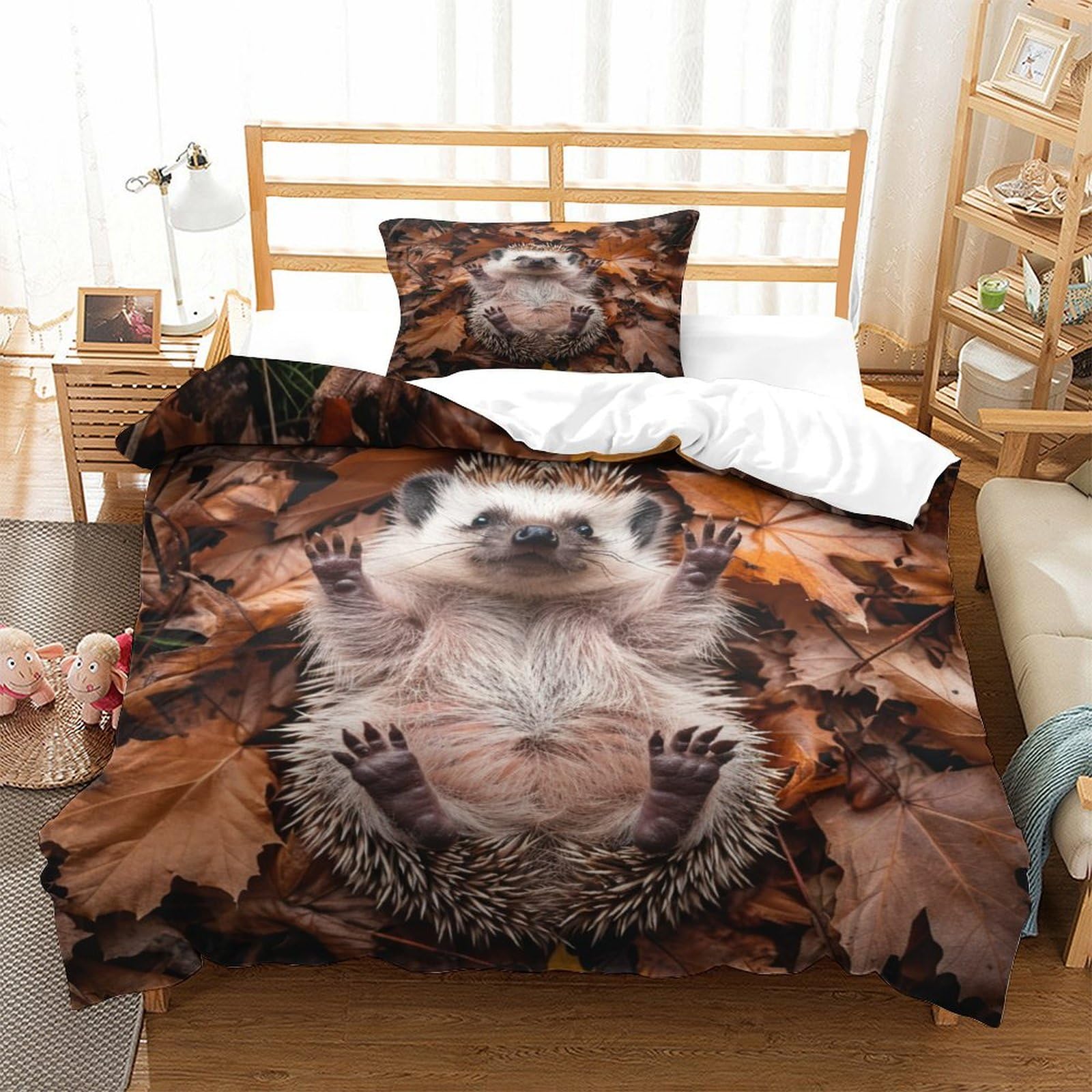 P1S9U7W5Y Forest Leaves 3D Printed Hedgehog Duvet Cover Set 3pcs Soft Microfiber Hedgehog Bedding Set Single（135x200cm）