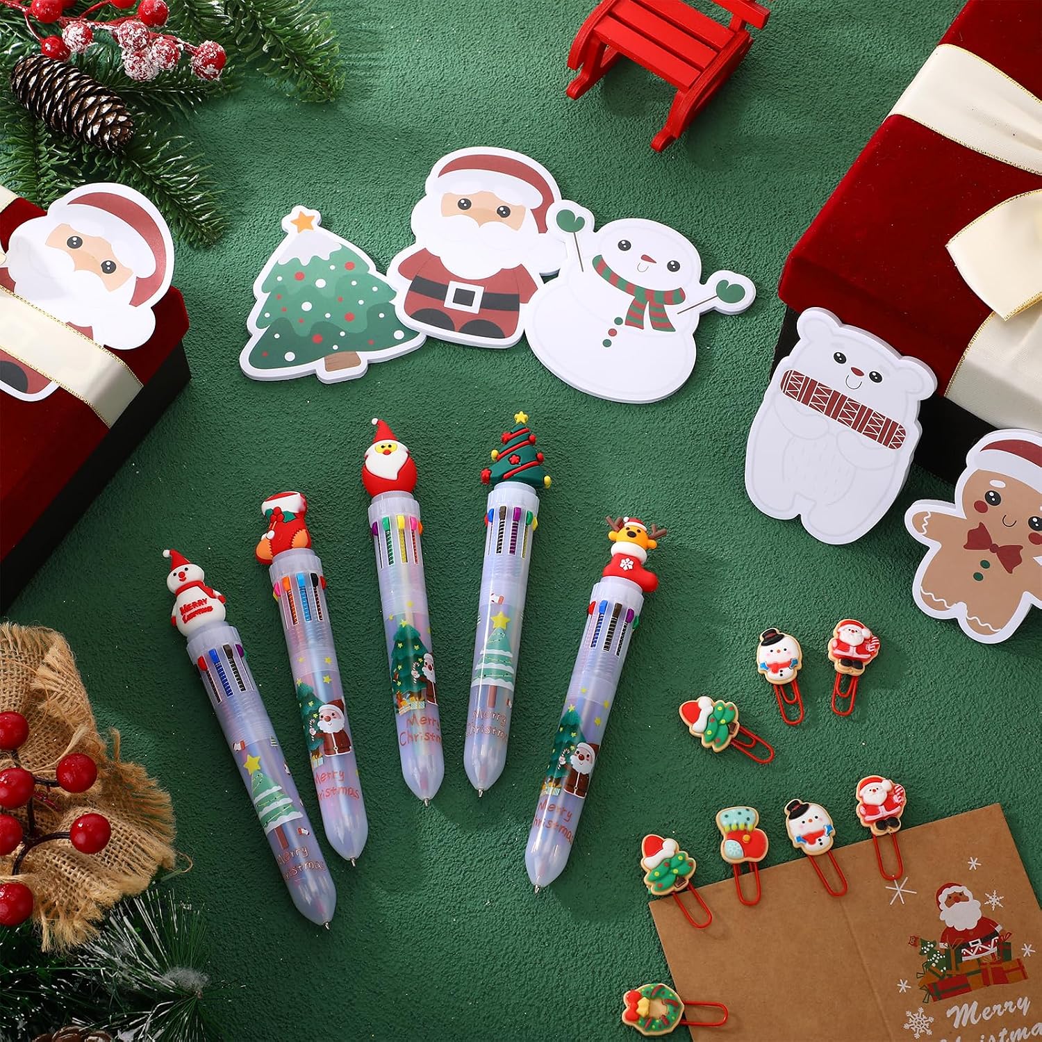 Eaasty 210 Pcs Christmas Student Gifts Bulk, 30 Pieces 10 in 1 Multicolor Ballpoint Pen 30 Cute Paper Clips 150 Sheet Xmas Sticky Notes for Christmas Teacher Class Office Gifts