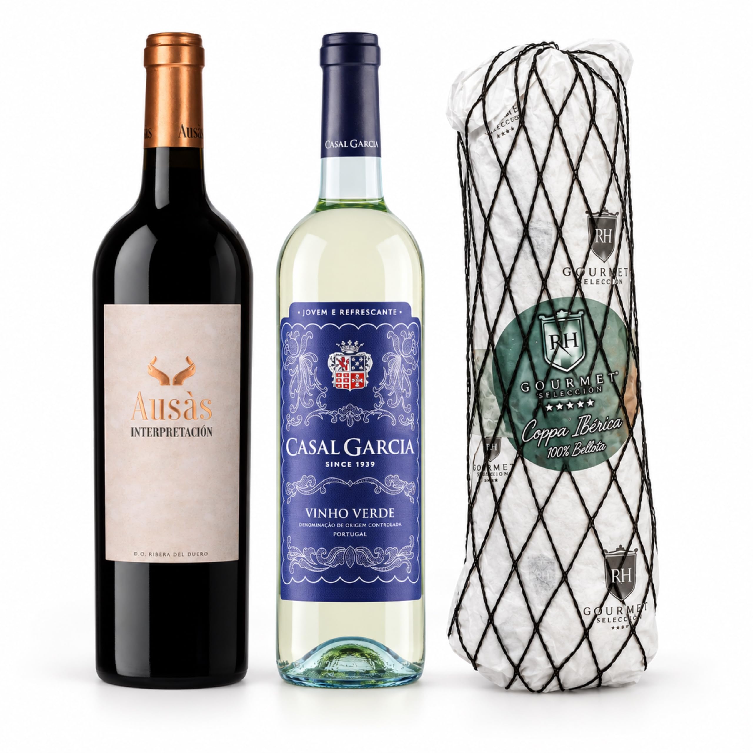 Cesta gourmet Navidad Ausás Interpretación y Casal García Vinho Verde con coppa ibérica de bellota 100% 800 g RH Gourmet, pack de 2 botellas 75 cl