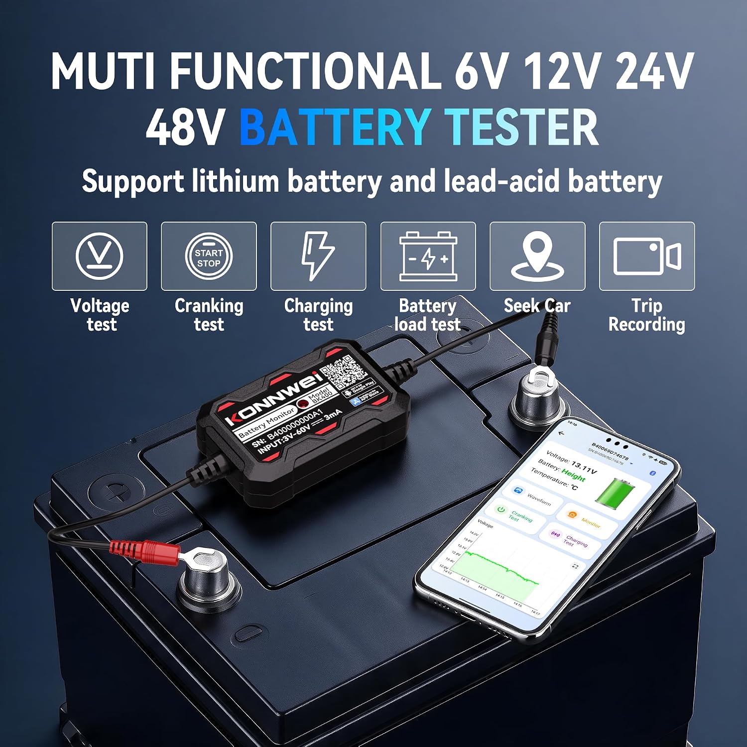 KONNWEI BK400 Bluetooth Battery Monitor, 3-60V Car Battery Voltage Tester
