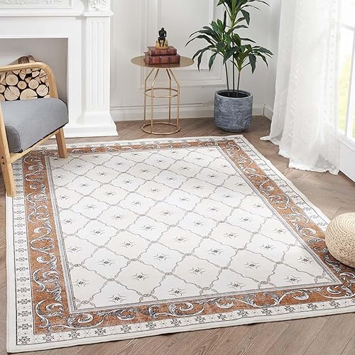 jjinchan - Alfombra delgada 3 x 5 pies, lavable, antideslizante, con borde, de diseño geométrico de celosía marroquíazulejo floralcampestre, para