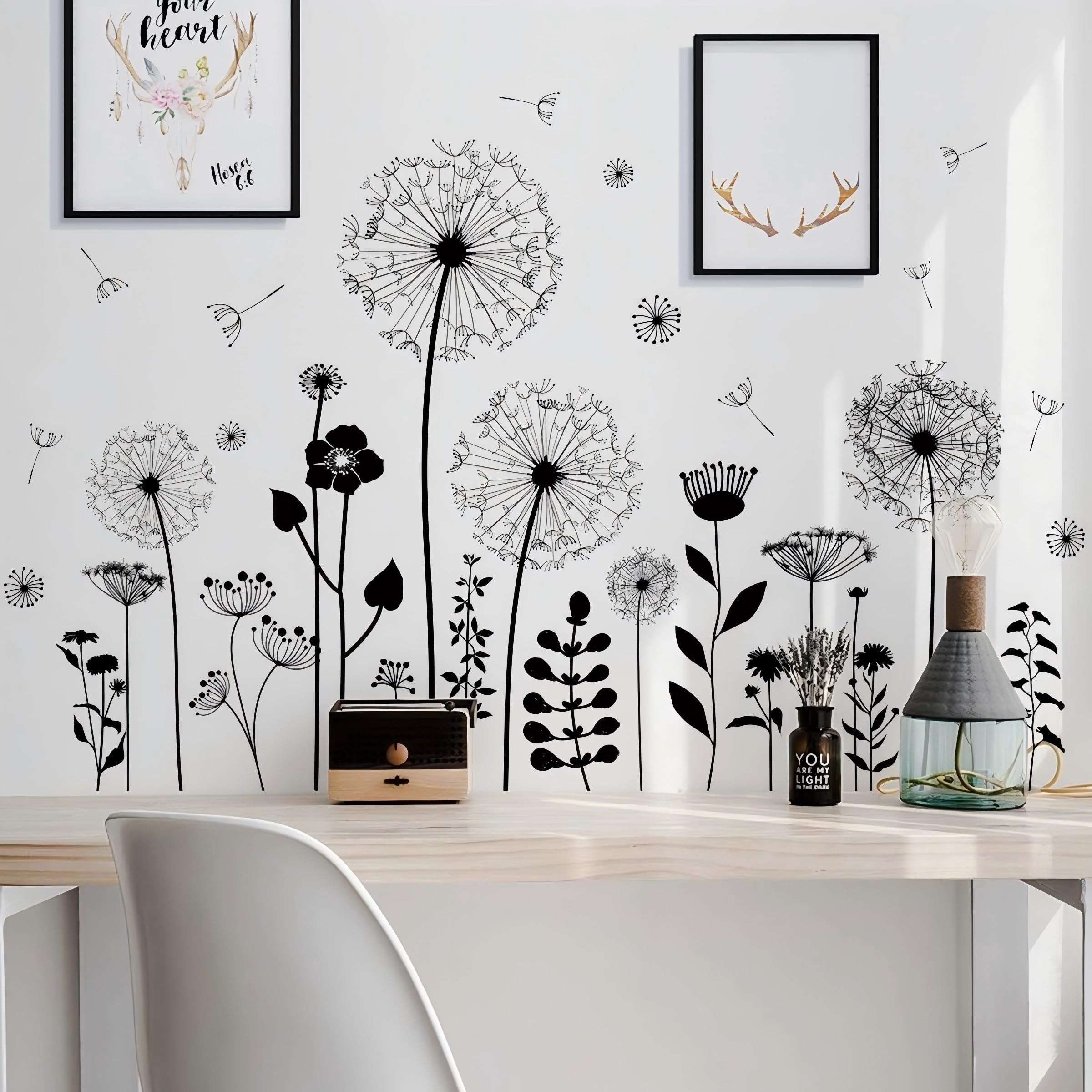OUFEI Wall Decals Peel and Stick Black Dandelion Stickers for Baby Kids Nursery Girls Bedroom Living Room Home Window Decoration