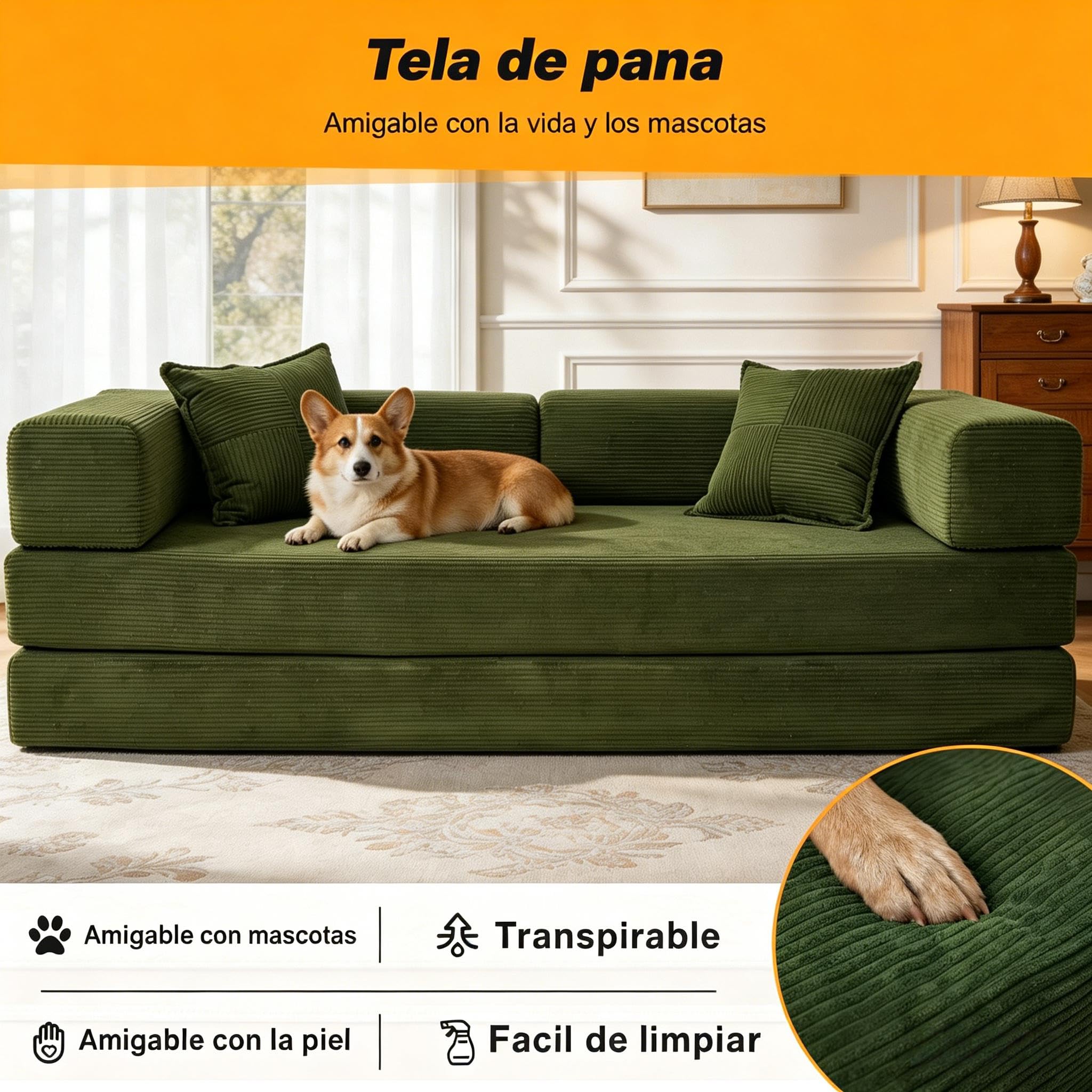 Vipbear 200cm Sofá Cama, Modular Desmontable Plegable 5 en 1,Confeccionado en Pana, Sofá Cama 3 Plazas Ideal para Espacios Reducidos, Verde | Convertible