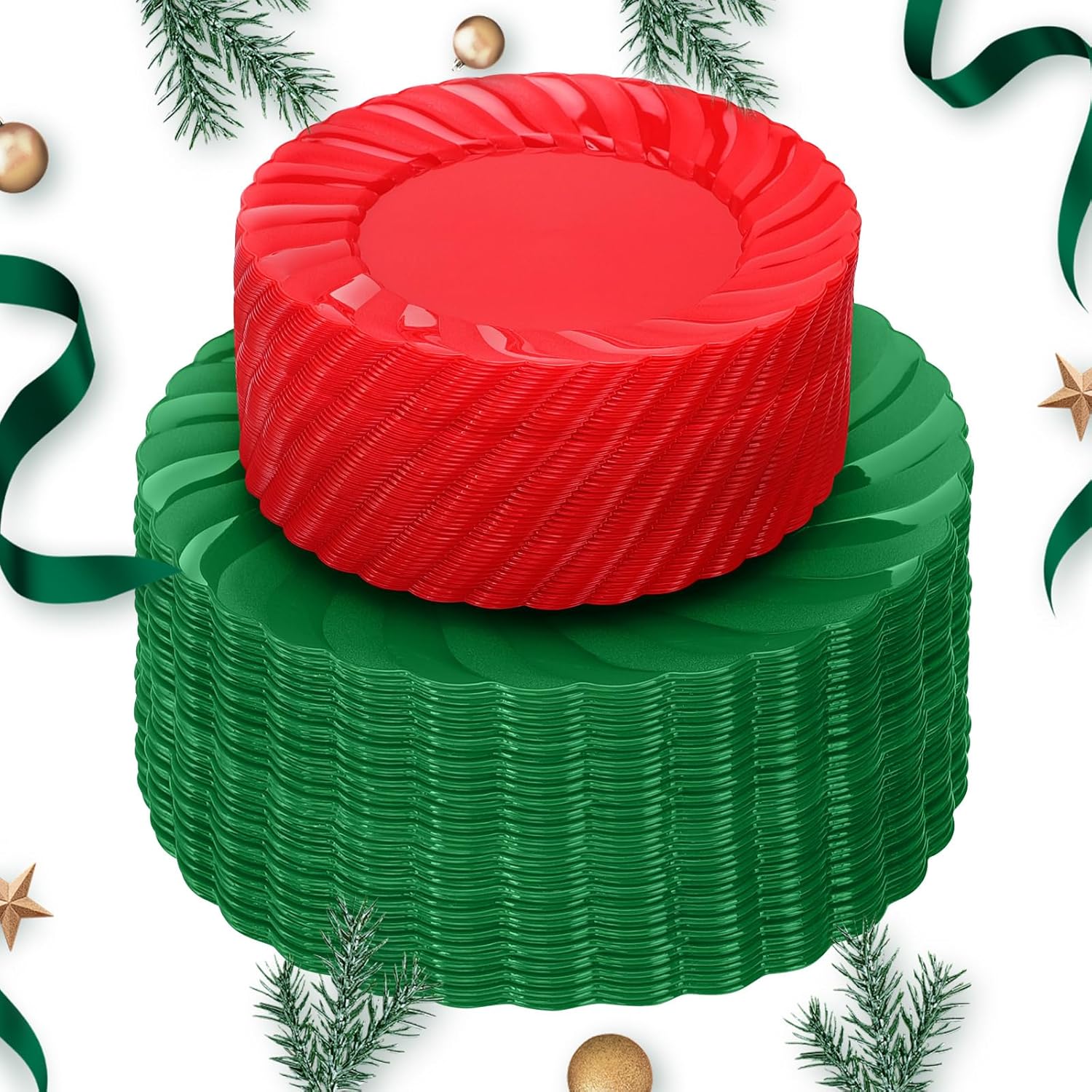 U-QE 100Pcs Christmas Plastic Plates - Scalloped Plates Disposable for Party, Plastic Christmas Plates Disposable Include 50 6 '' Red Dessert Plates, 50 9 '' Green Dinner Plates Suite for Christmas
