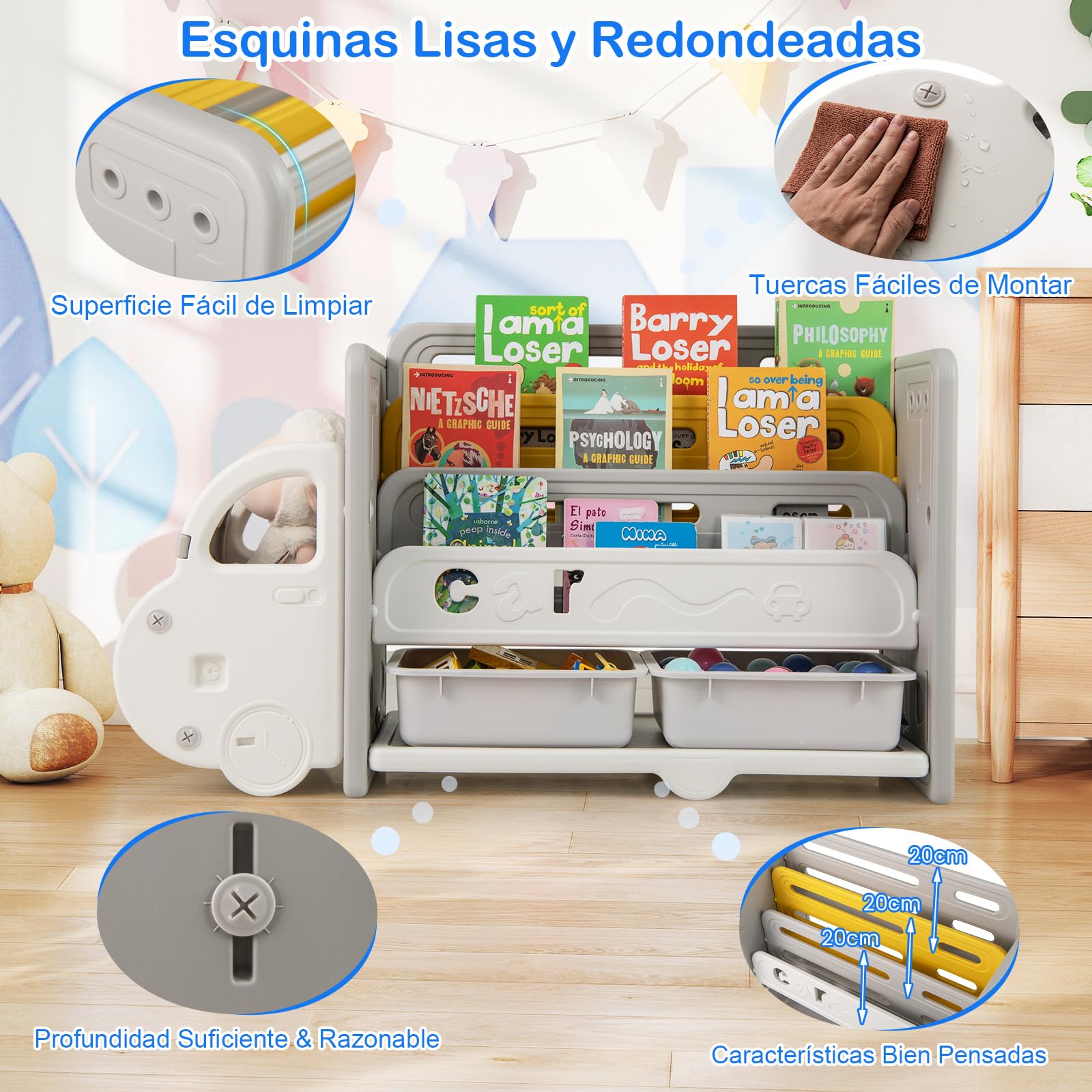 GOPLUS Estantería para Libros Infantil de Plástico en Forma de Coche, Organizador para Juguetes con 3 Estantes, 2 Cajas Extraíbles Y Superficie de Almacenamiento, para Habitaciones Infantiles