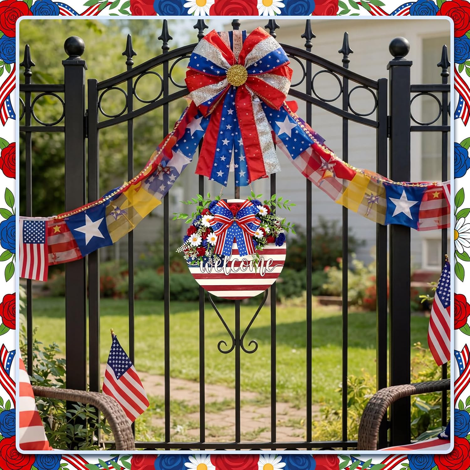 Kathfly 4th of July Decoration Door Wreath 250th Anniversary Patriotic Wooden Wreath 12 Inch Welcome Door Sign for Front Doors Independence Day Flower Wreaths Red White Blue Outdoor Decor
