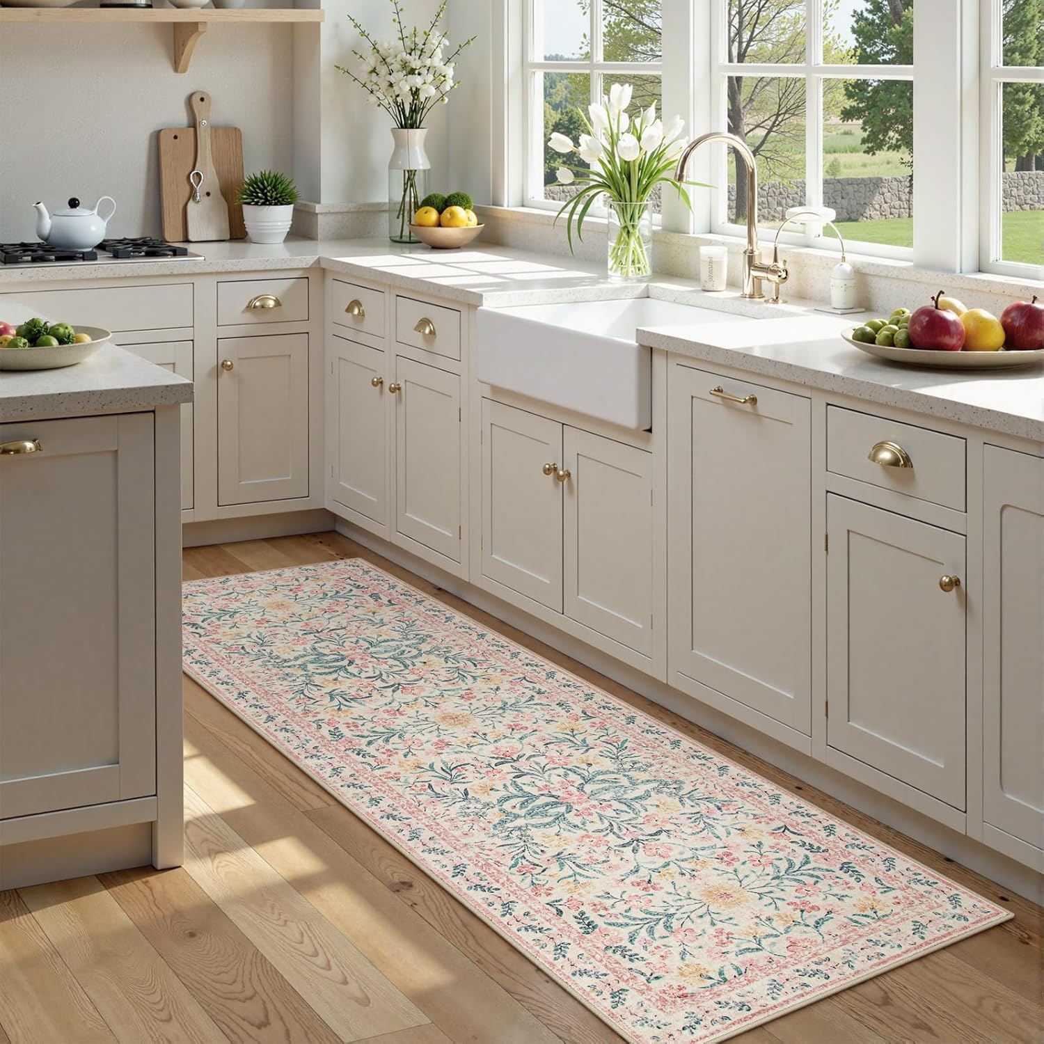 Morebes Boho Hallway Runner Rug 2x6, Pink Floral Kitchen Runner Rugs for Bedroom Girls, Washable Non Slip Super Soft Indoor Throw Carpet for Bathroom Laundry Room Entryway