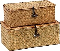 ORDELITE Set of 2 Seagrass Wicker Storage Baskets with Lids - Handwoven, Stackable Bins for Kitchen, Bathroom, Pantry Organizing