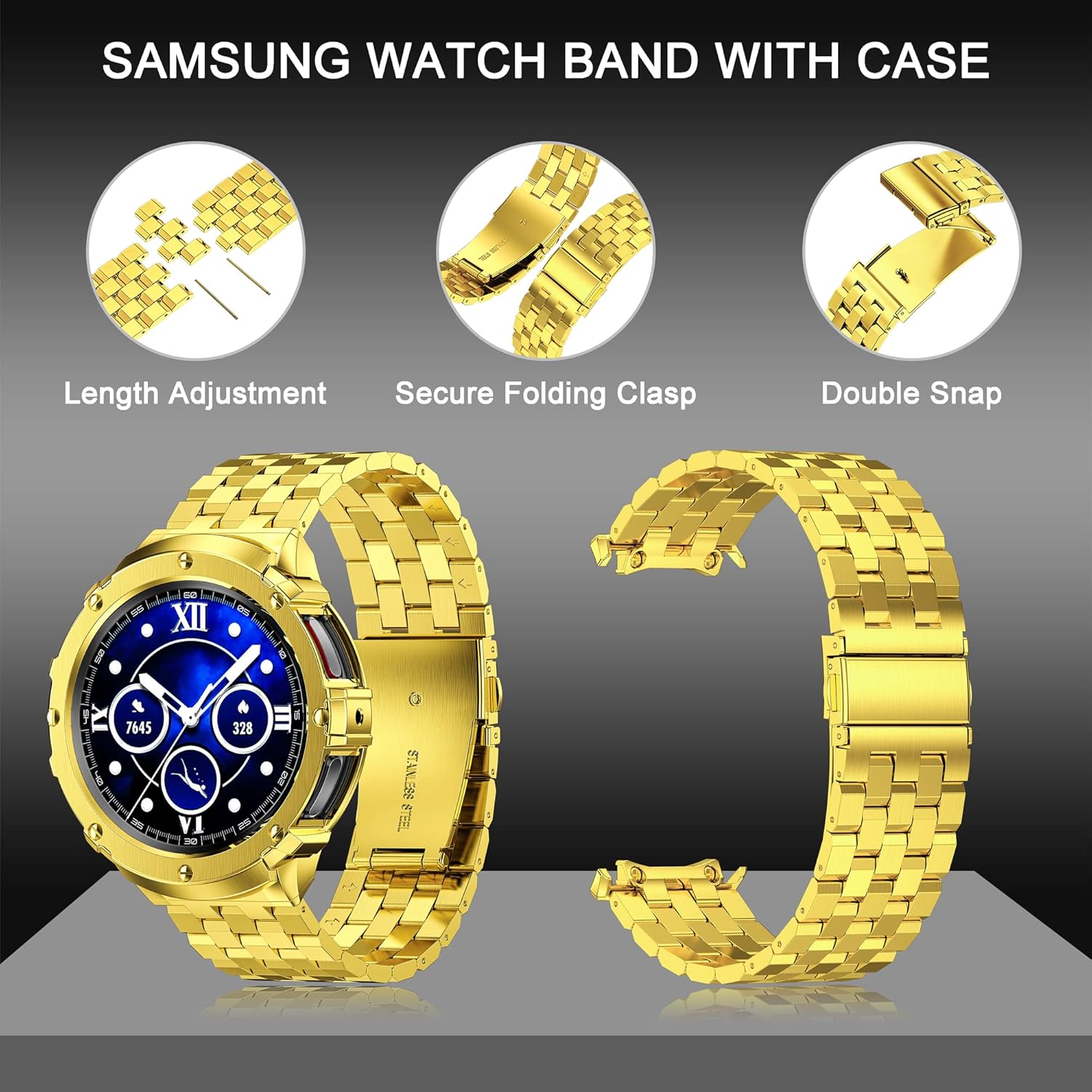 HASLFM Stainless Steel Case and Bands Compatible with Samsung Galaxy Watch 5 pro 45mm, Adjustable Metal Band Rugged Protector Cover for Samsung Watch 5 pro Band Men Business (Gold)