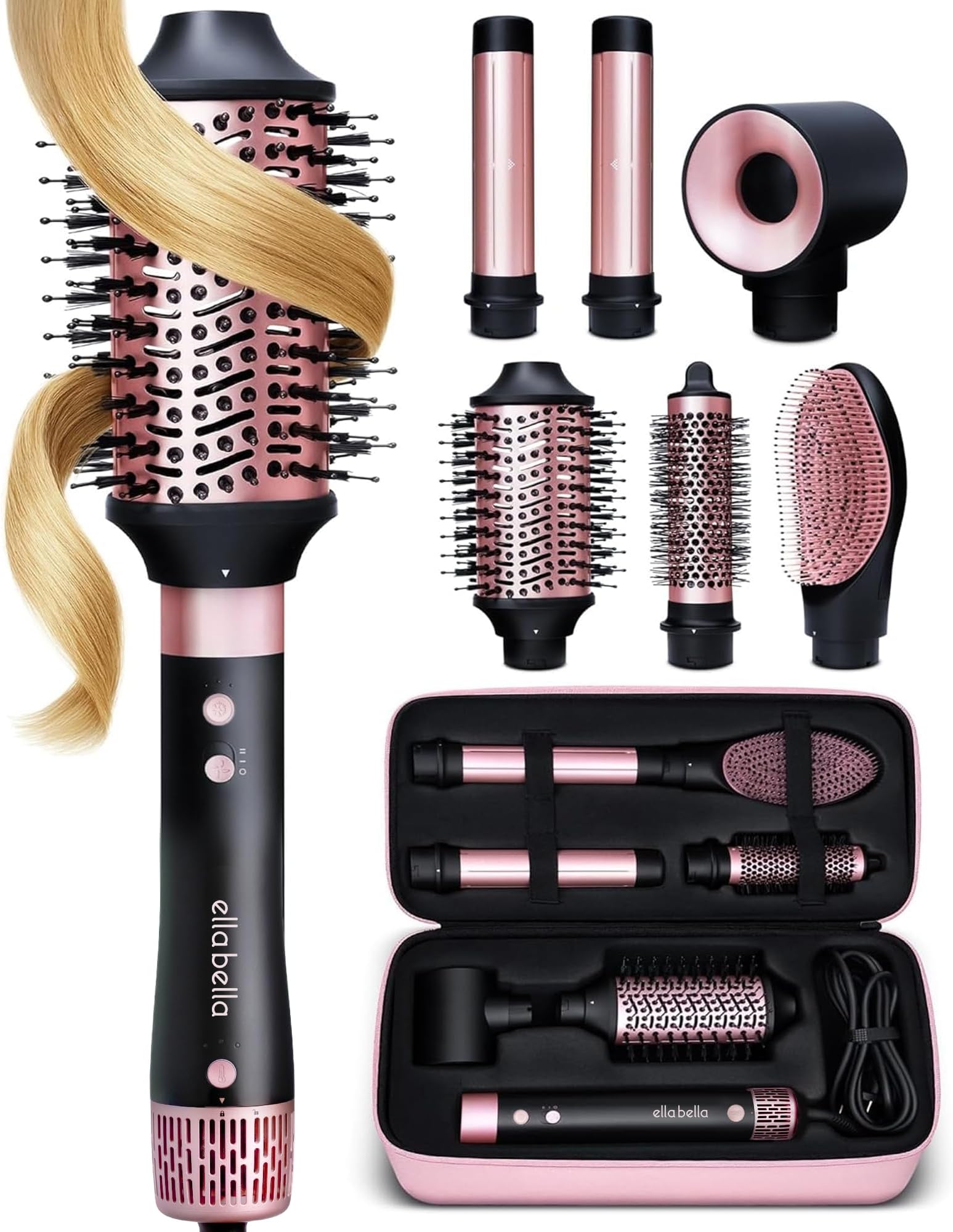ELLA BELLA® 6 in 1 Professional Hot Air Styler • Powerful Hair Dryer & Straightener Set • Styling Without Heat Damage • Fast Drying Curling Volumizing Straightening • Includes Protective Travel Case