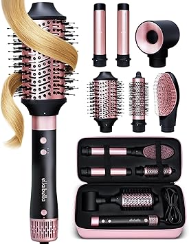 ELLA BELLA 6 in 1 Professional Hot Air Styler Powerful Hair Dryer & Straightener Set Styling Without Heat Damage Fast Drying Curling Volumizing Straightening Includes Protective Travel Case