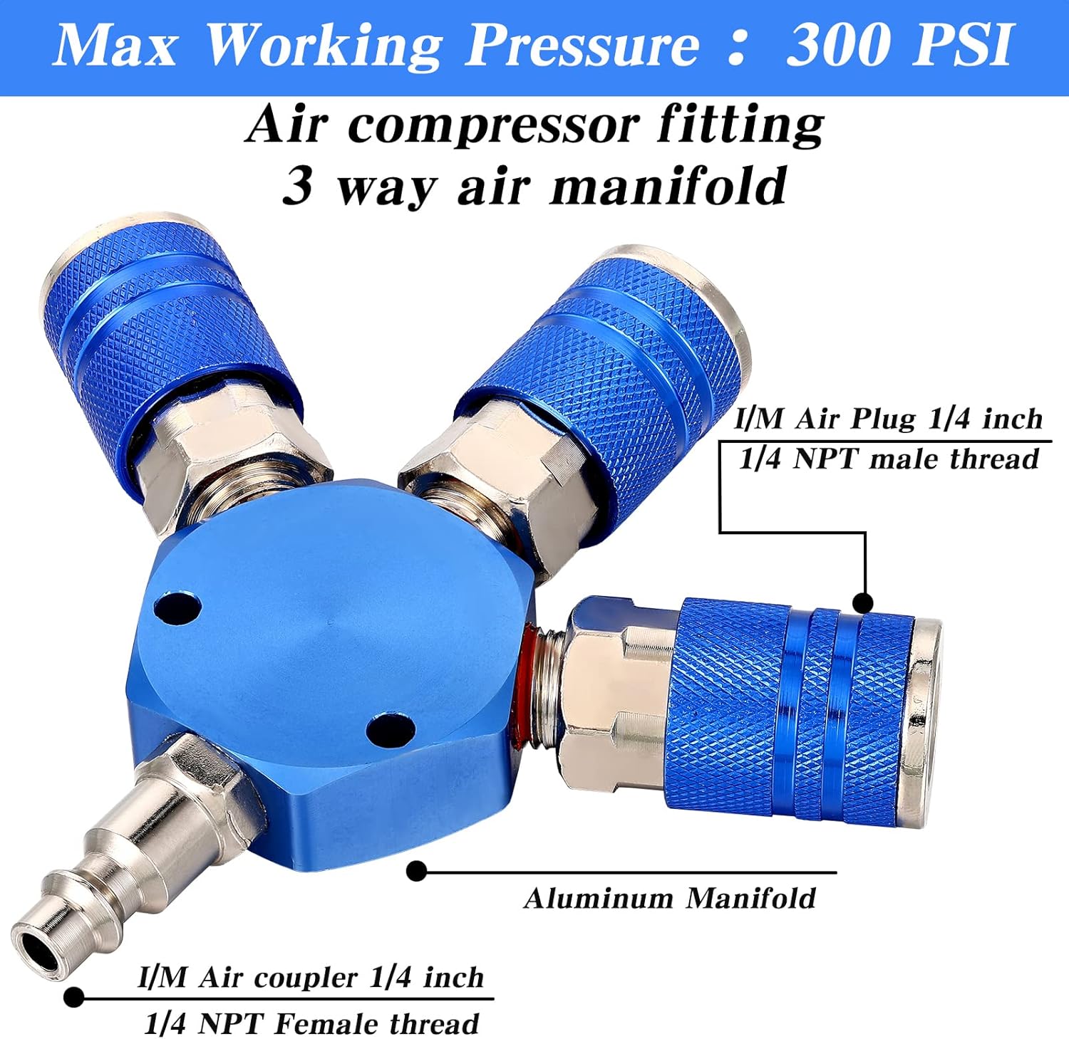 2 Pcs Air Hose Connectors 3 Way Air Hose Fittings 1/4 in NPT Compressor Fittings High Pressure Resistance Manifold Swivel 360 Degrees Connectors Compressor Accessories (Blue)
