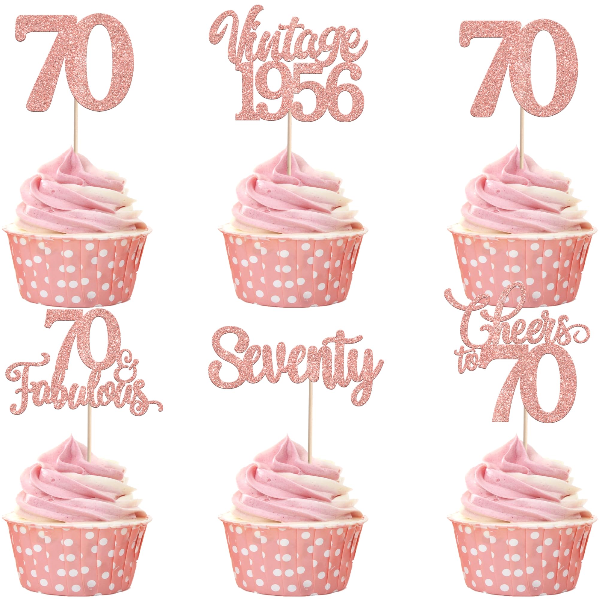 30 Pack Happy 70th Birthday Cupcake Toppers Glitter Hello 70 Seventy Vintage 1956 Cupcake Picks Cheers to 70 Party Decorations for 70th Birthday Anniversary Party Cake Decorations Rose Gold