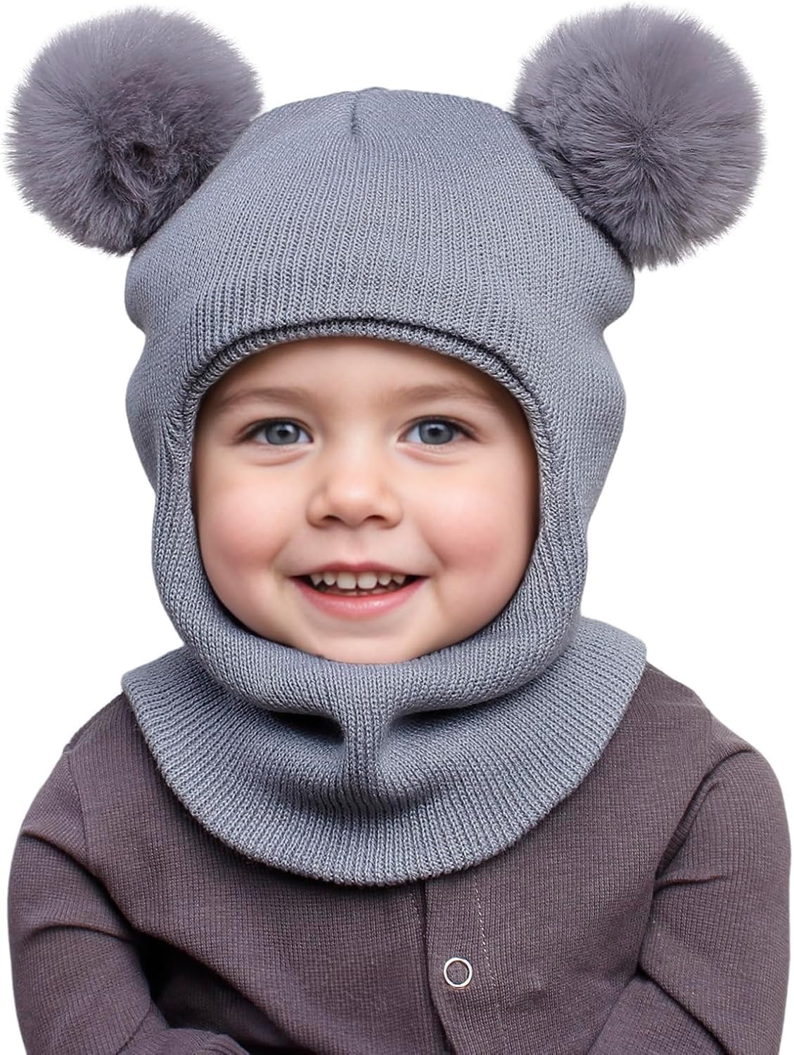 Dreshow Girls 1 Pc: 08-Grey Kids Winter Warm Hat Scarf Baby Earflap Beanies Hood Pom Pom Toddler Hat Windproof Balaclava Kids 1-6 Years