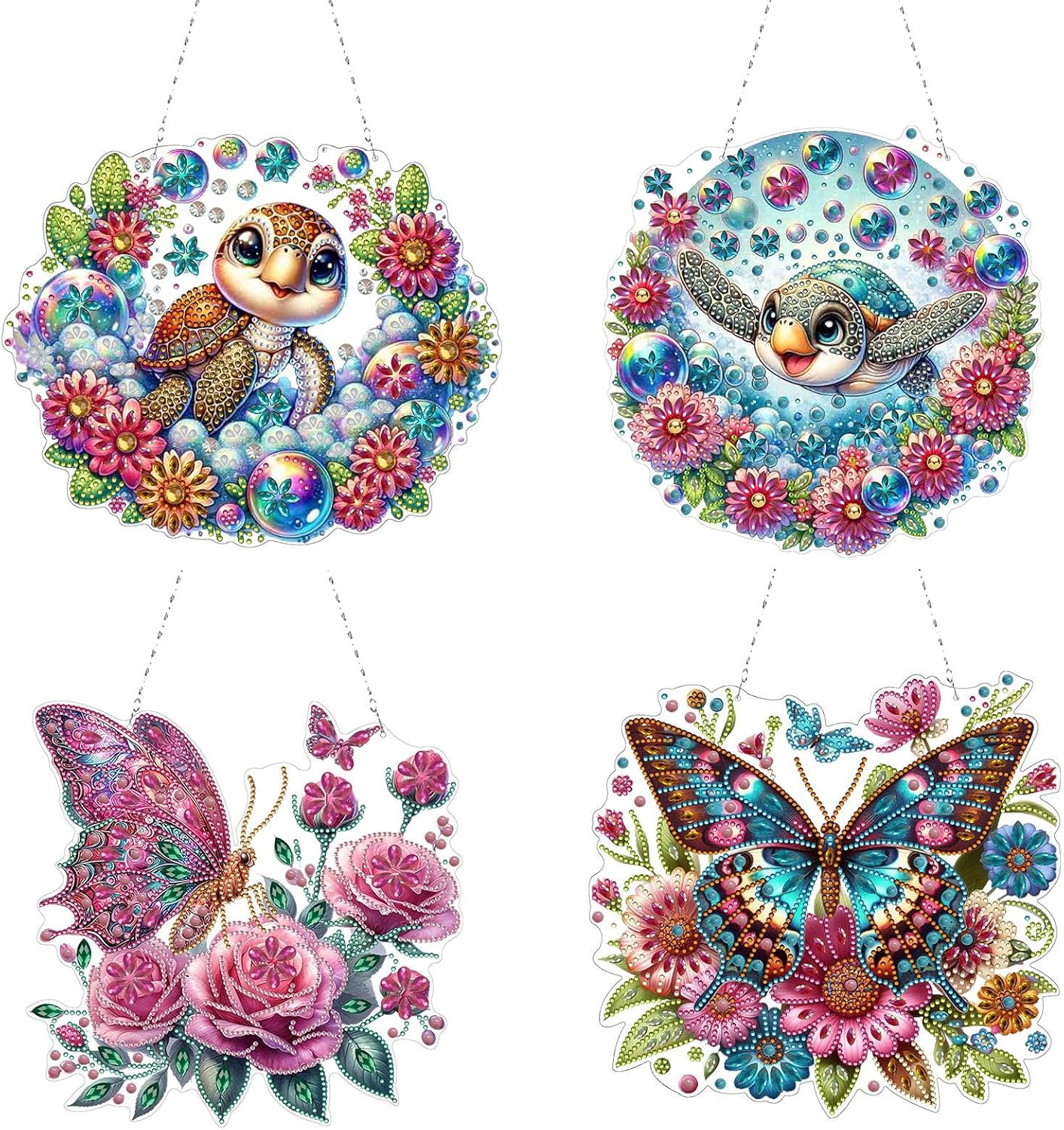 DIY Diamond Art Painting Wreath Kits Rhinestone Diamond Art Window Hanging Pendants Home Garden Wall Hanging Kits (Double-Sided Pattern Single Side Point Drill)-#07-4PC