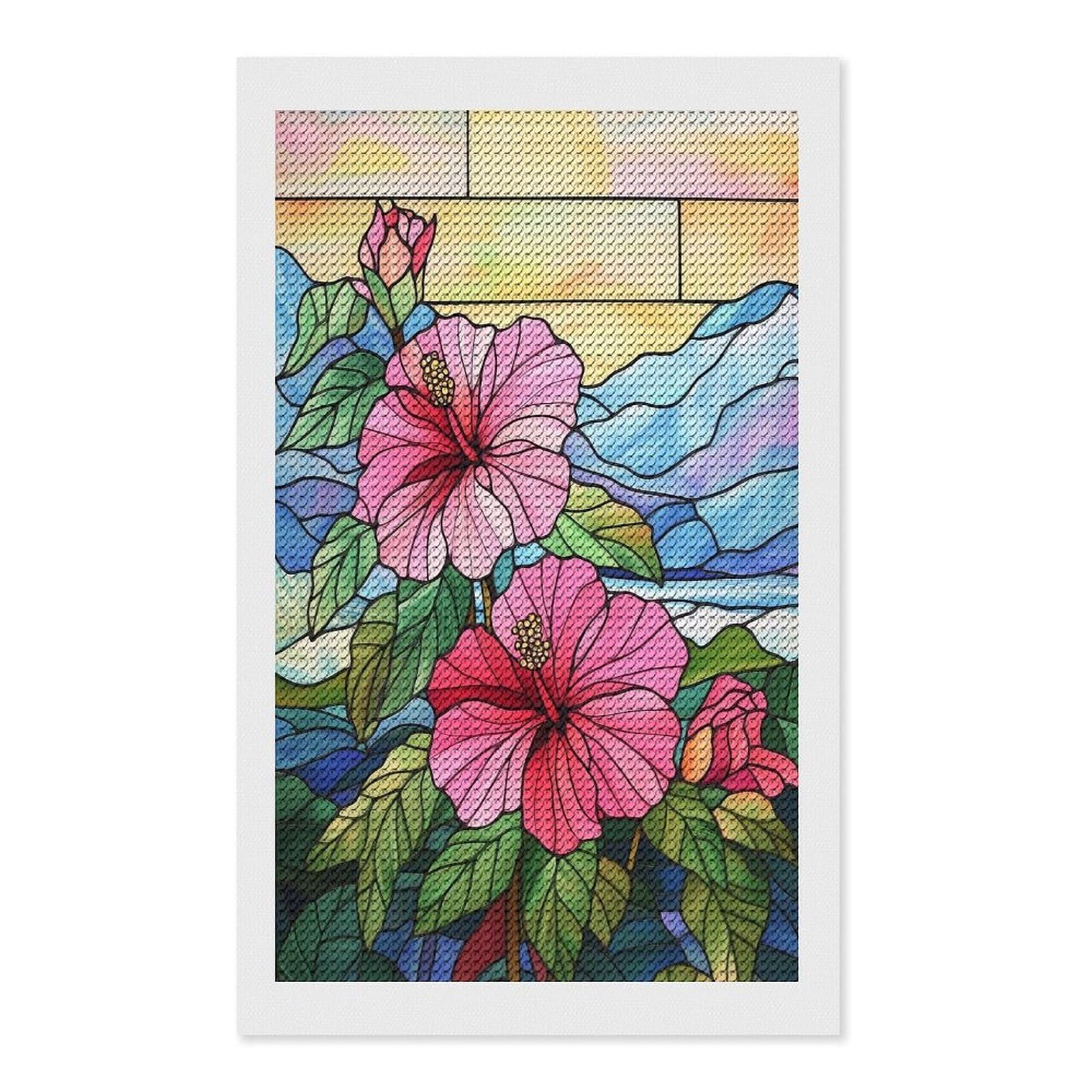 Junmoney Stained Glass Hibiscus Diamond Art Canvas 12"x20", Decorate Your Room, Mindful Craft Activity, Cosy Home Accent, Thoughtful Handmade Gift