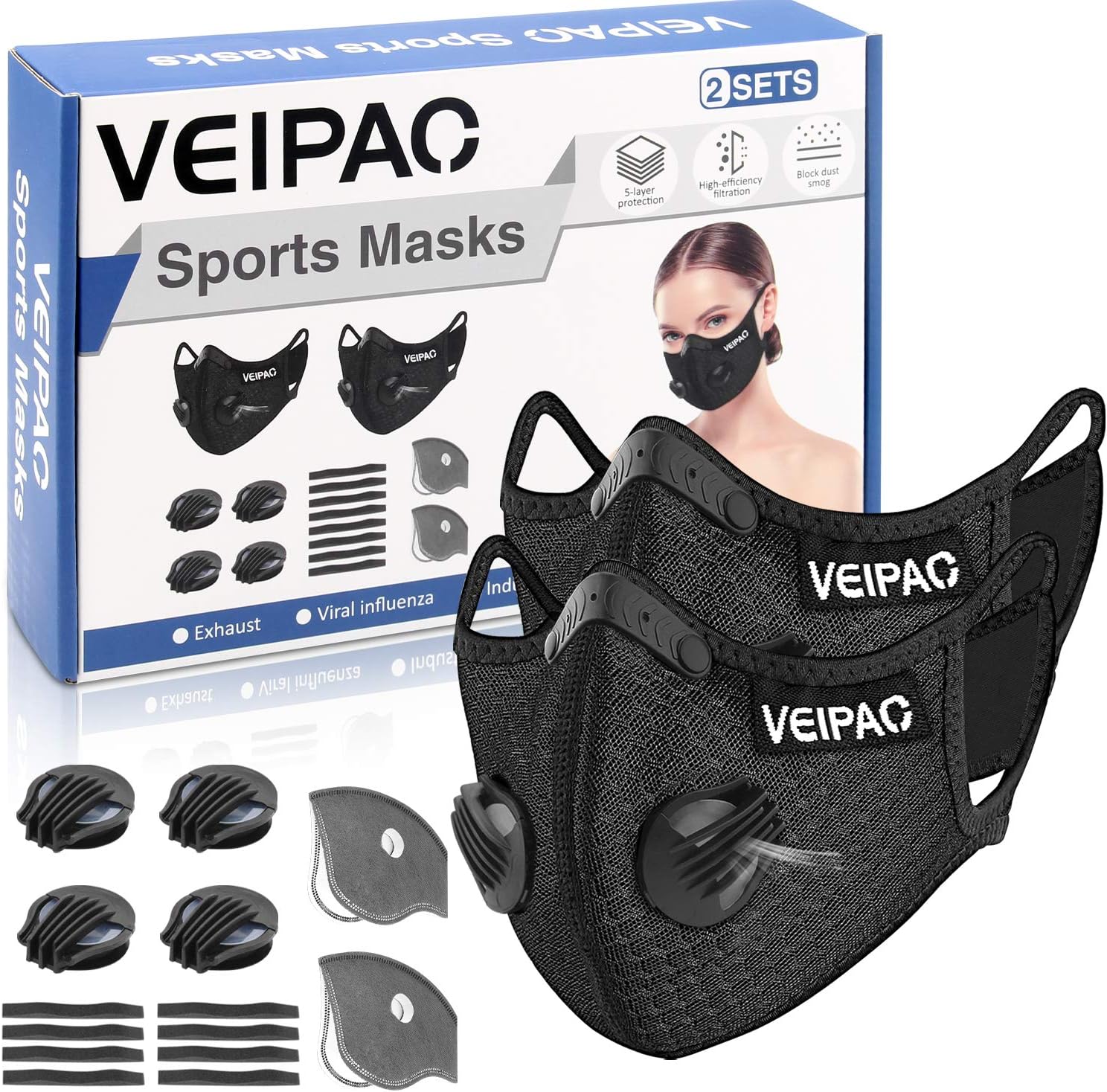VEIPAO 2 Sets Sports Mask Running Mask with Activated Carbon Filter, 2 Extra Filters, 4 Breathing Valve, 8 Soft Foam Padding for Running Walking, Cycling, Motorcycle