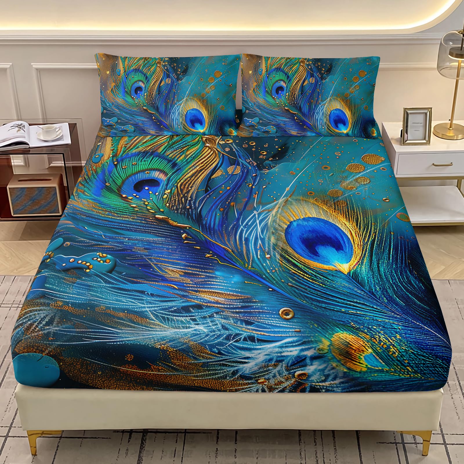 AILONEN Peacock Feather Fitted Sheet Set Twin Size, Golden Blue Feather Bedding Set for Kids Teens Adults,Nature Animal Bed Sheet Set,1 Fitted Sheet +