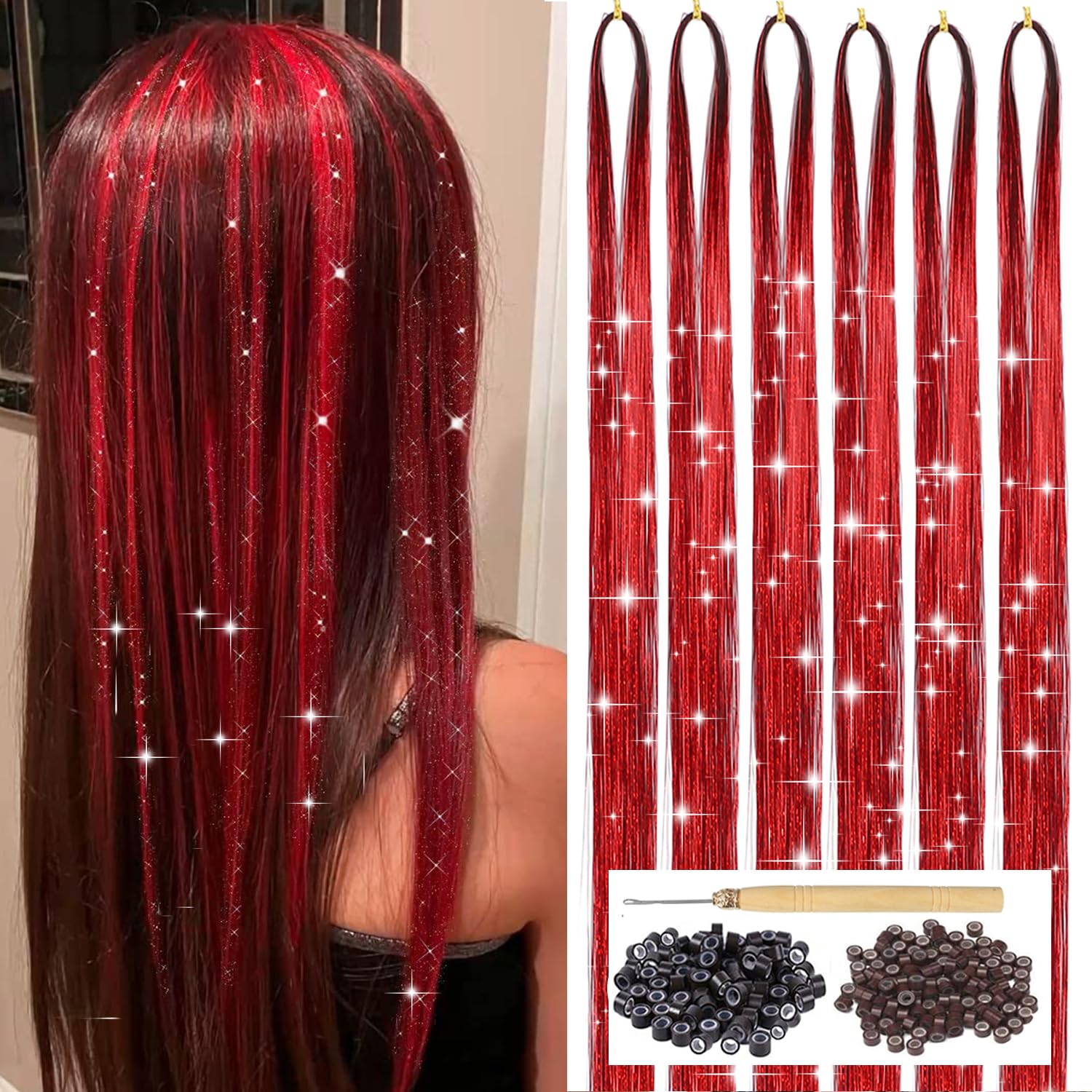 Red Hair Tinsel Kit with Tool 6pcs 1200 Strands Hair Tinsel Heat Resistant Fairy