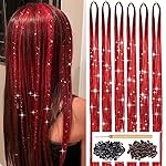 Red Hair Tinsel Kit with Tool 6pcs 1200 Strands Glitter Tinsel Hair Extensions Heat Resistant Sparkling Shiny Fairy Hair Accessories for Women Girls Kids 47Inch