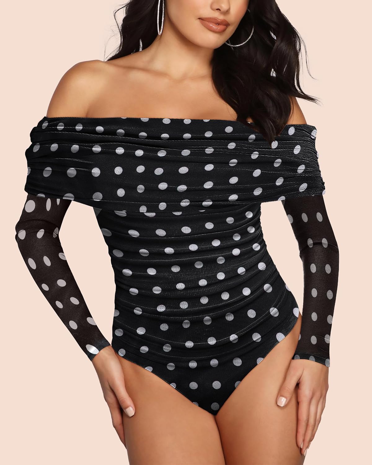 SAUNGKUAI Women's Off The Shoulder Long Sleeve Bodysuit Sexy Slimming Body Suit Tops Sheer Mesh Ruched Fall Outfits 2026 - Image 2