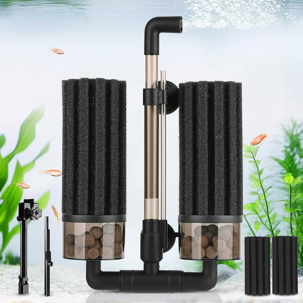 Filtro de esponja doble para acuario: filtro de esponja mejorado con área de filtración más grande, viene con clip extensible, 2 esponjas bioquímicas de repuesto, bolas biocerámicas, para tanque de agua dulce y salada - M