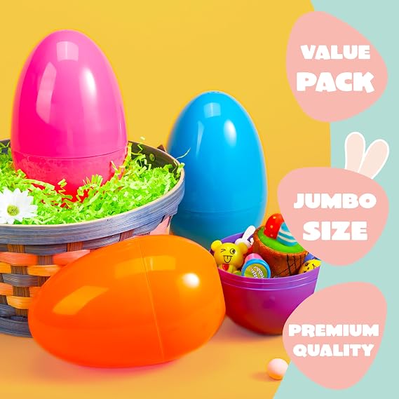 JOYIN 12 Pcs Large Plastic Easter Eggs, 6 Inches Colorful Jumbo Eggs Fillable for Easter Themed Hunt Basket Stuffers Fillers Filling Treats Party Favor Classroom Prize Supplies