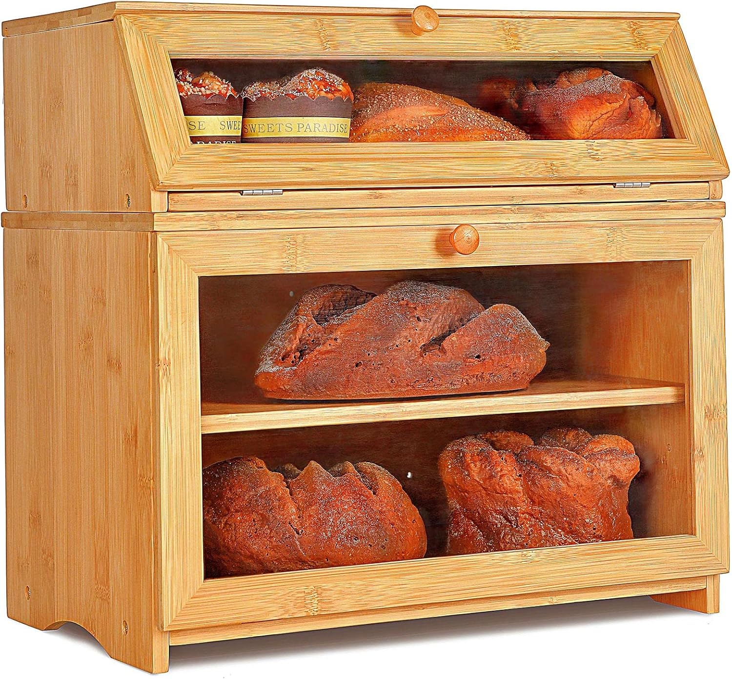 Enjahomx Large 3 Layer Bread Box for Kitchen Countertop - Bamboo Breadbox with Clear Window and Adjustable Shelf - Farmhouse Style Bread Storage Bin Holder (Self-Assembly) -