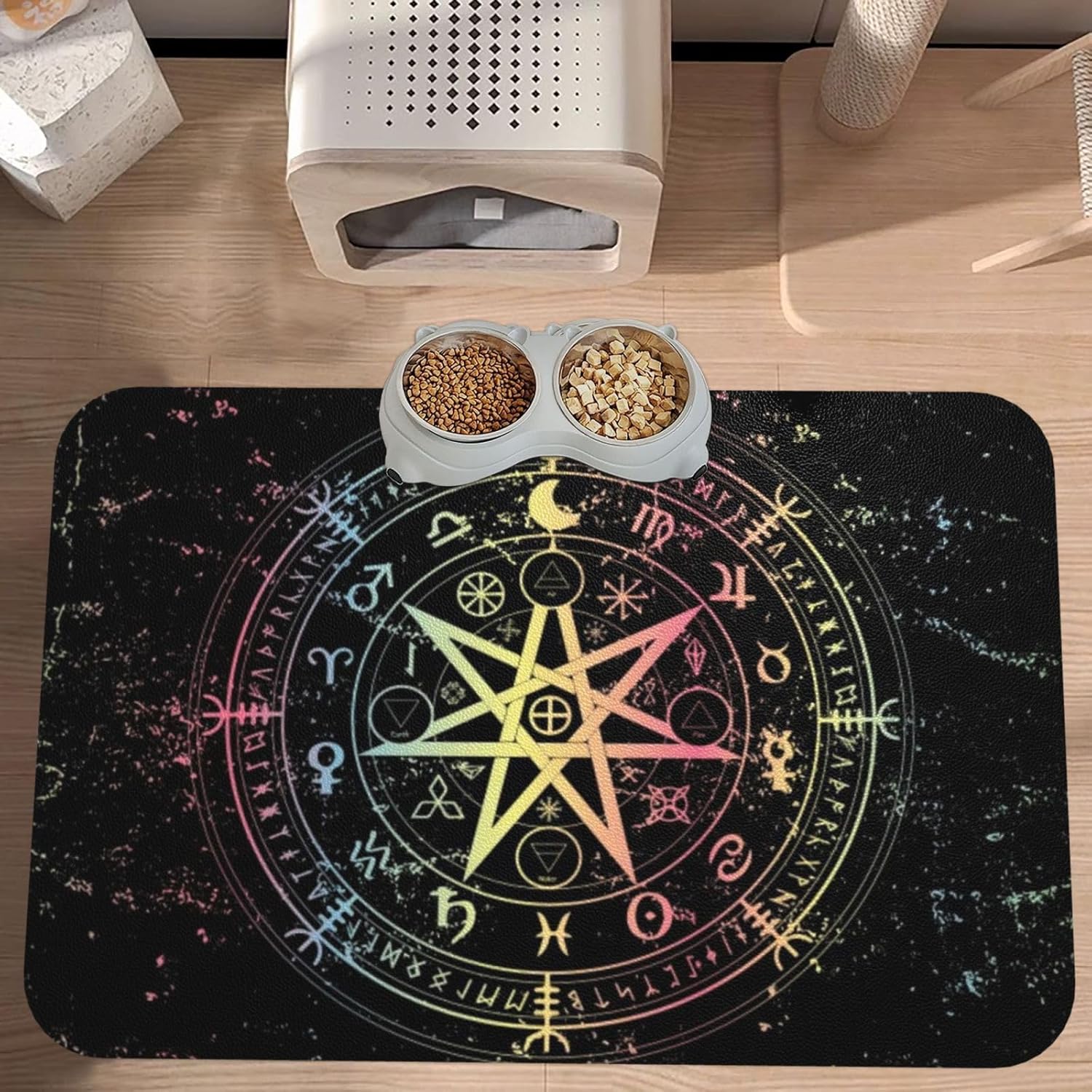 Wiccan Symbol Protection Mandala Runes Pet Feeding Mat-Absorbent Quick Dry Pet Cat Dog Food Mat Non Slip Waterproof Rubber Dish Placemat