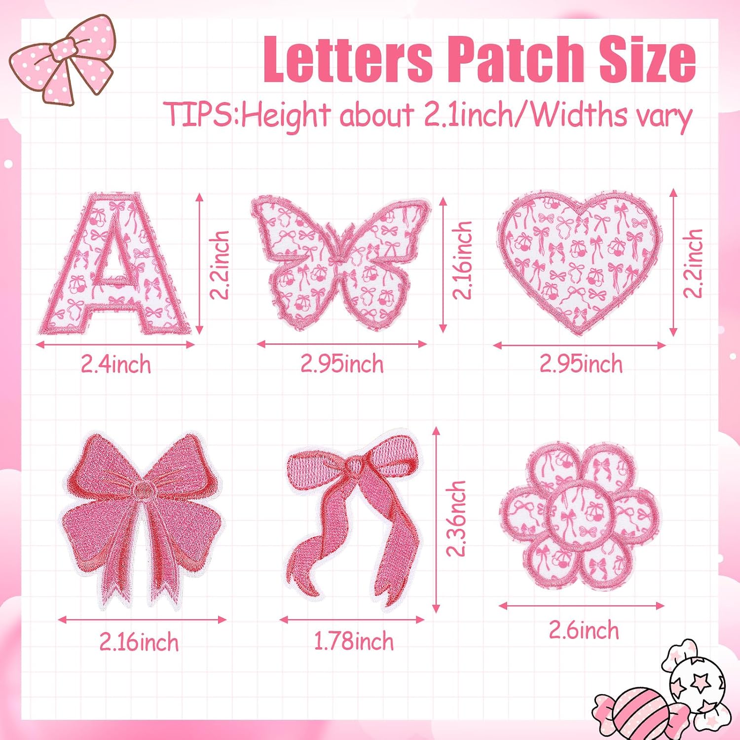 Tinlade 60pcs Pink Letter Patches Self-Adhesive for Girls Clothing, Pink Bow Letters Patch Stickers Cute Fabric A-z Alphabet Applique Patches Stick on Jackets Backpacks Hats Bags DIY Word Crafts